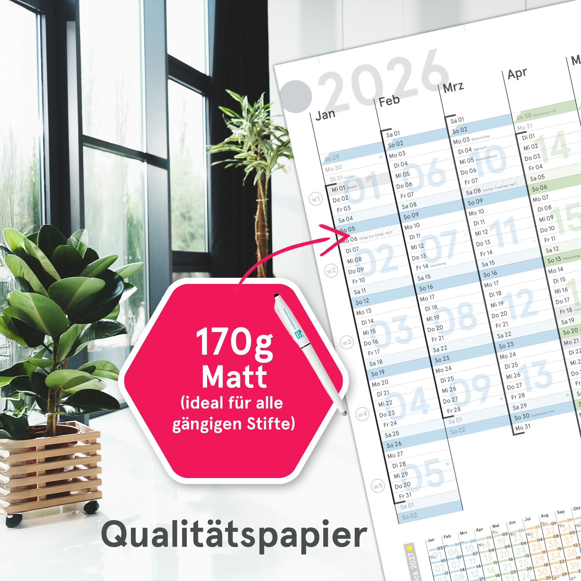Wandplaner Colour 2026 - Wandkalender KW-optimiert, DIN A1, Papier, gerollt