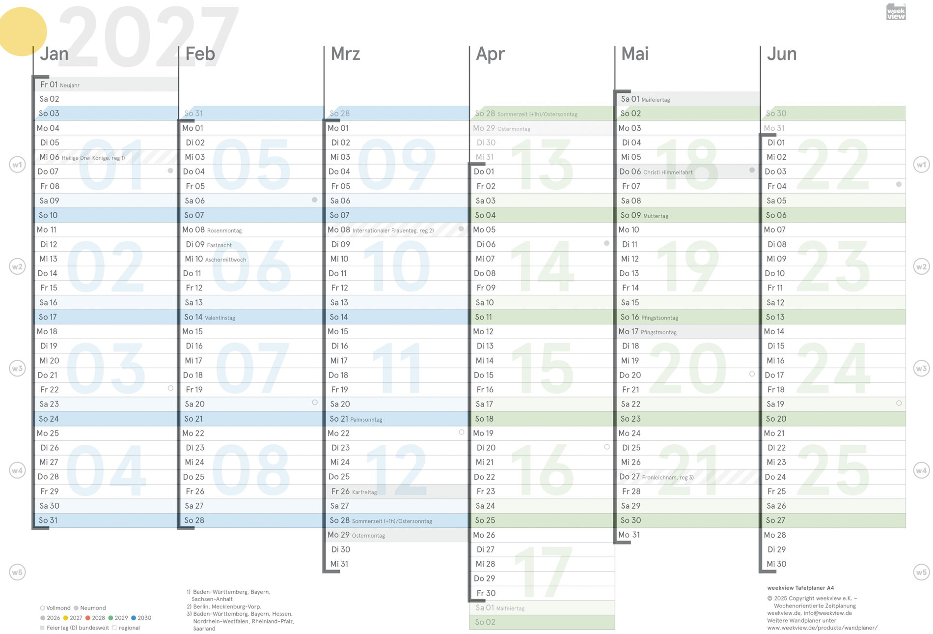 weekview Tafelkalender 2027 in DIN A4, Vorderseite mit den Monaten Januar bis Juni, Kalenderwochen und Quartalsfarben