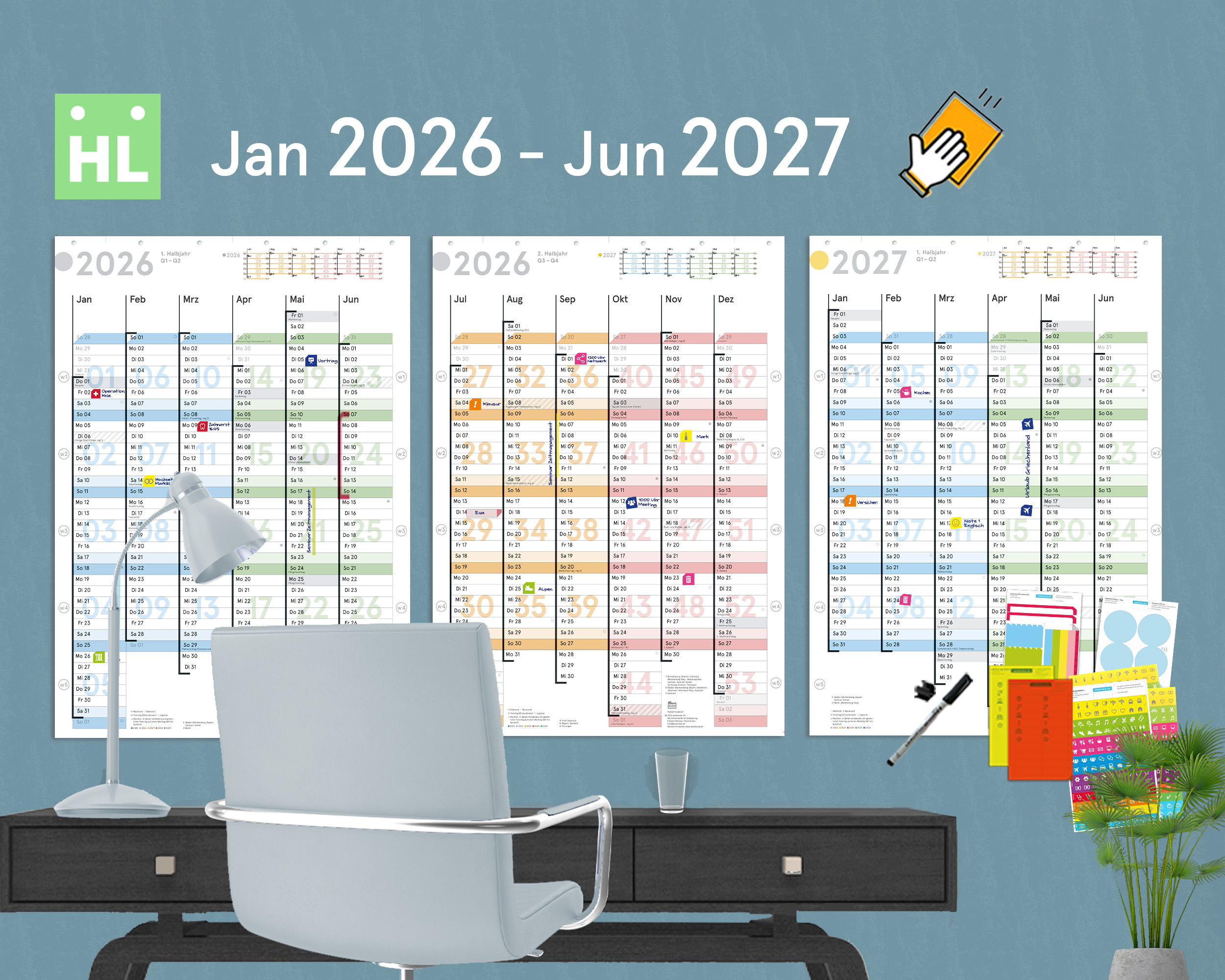 18-Monats-Wandplaner Jan 2026 – Jun 2027 (3xA2h)