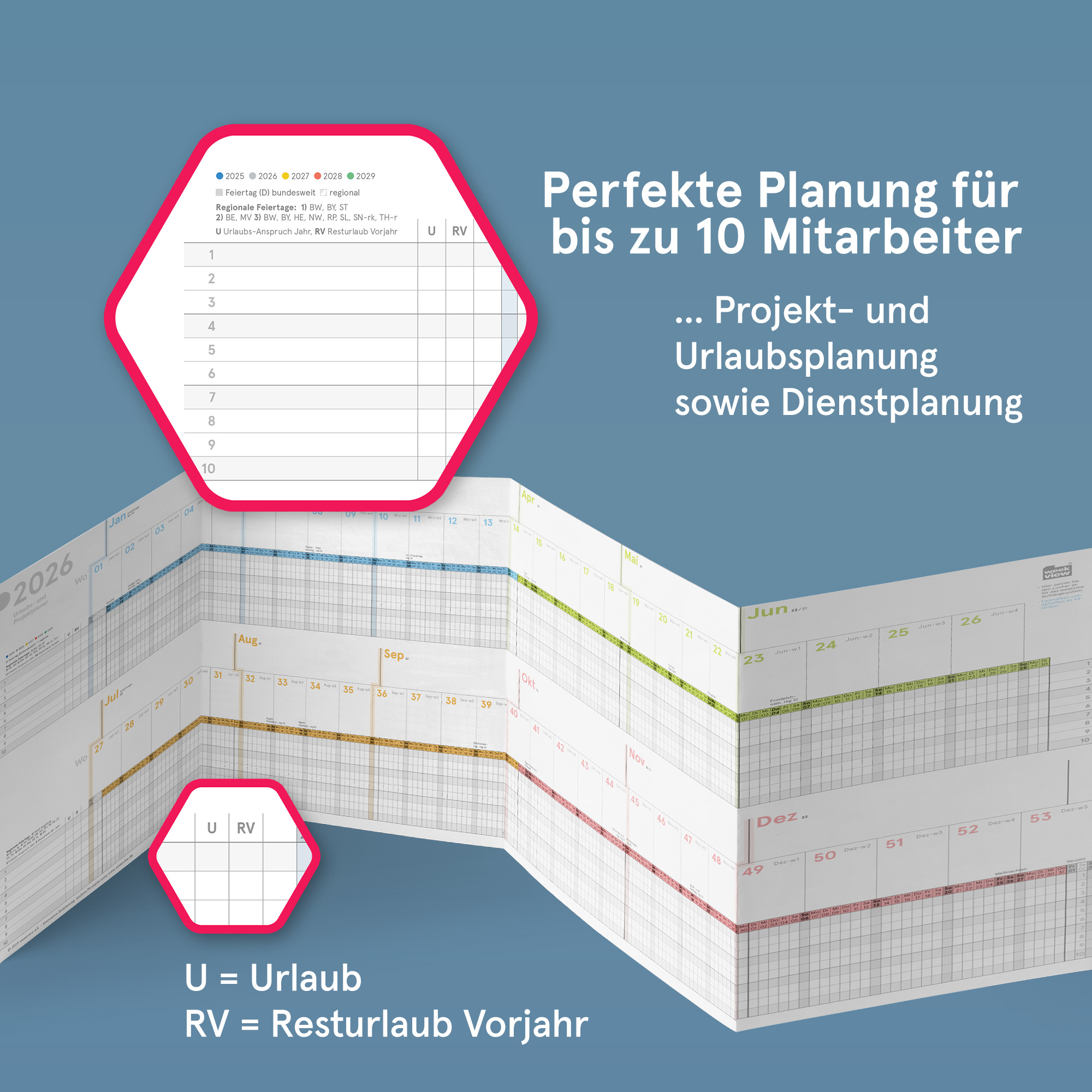 Urlaubs- und Projektplaner A4 farbig 2026 gefaltet, 82,5x29,5 cm, großer Personal- und Dienstplaner