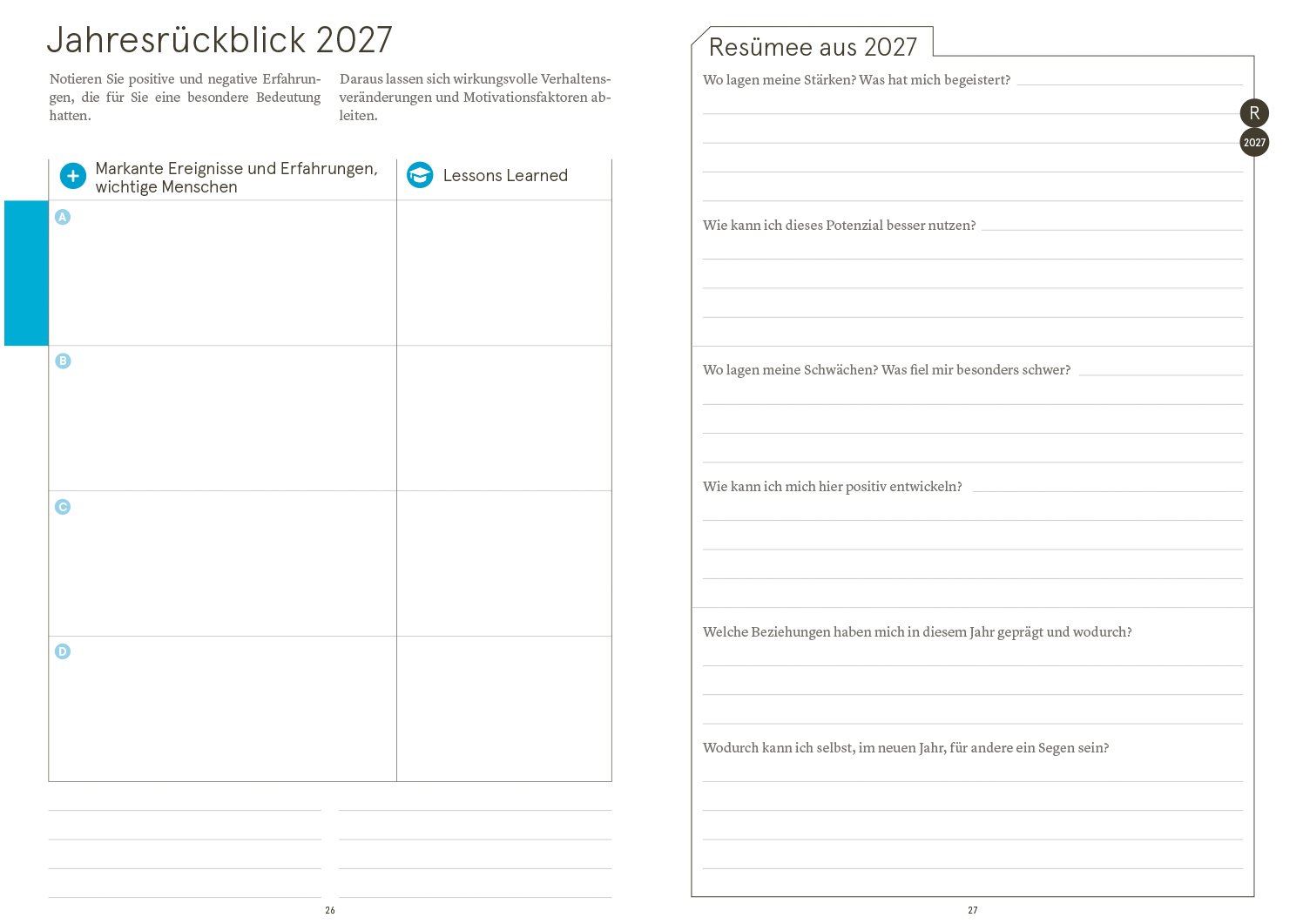 Druckversion doppelseitig - Business-Einlagen A5 2027, inkl. Planungstools und Notizteil
