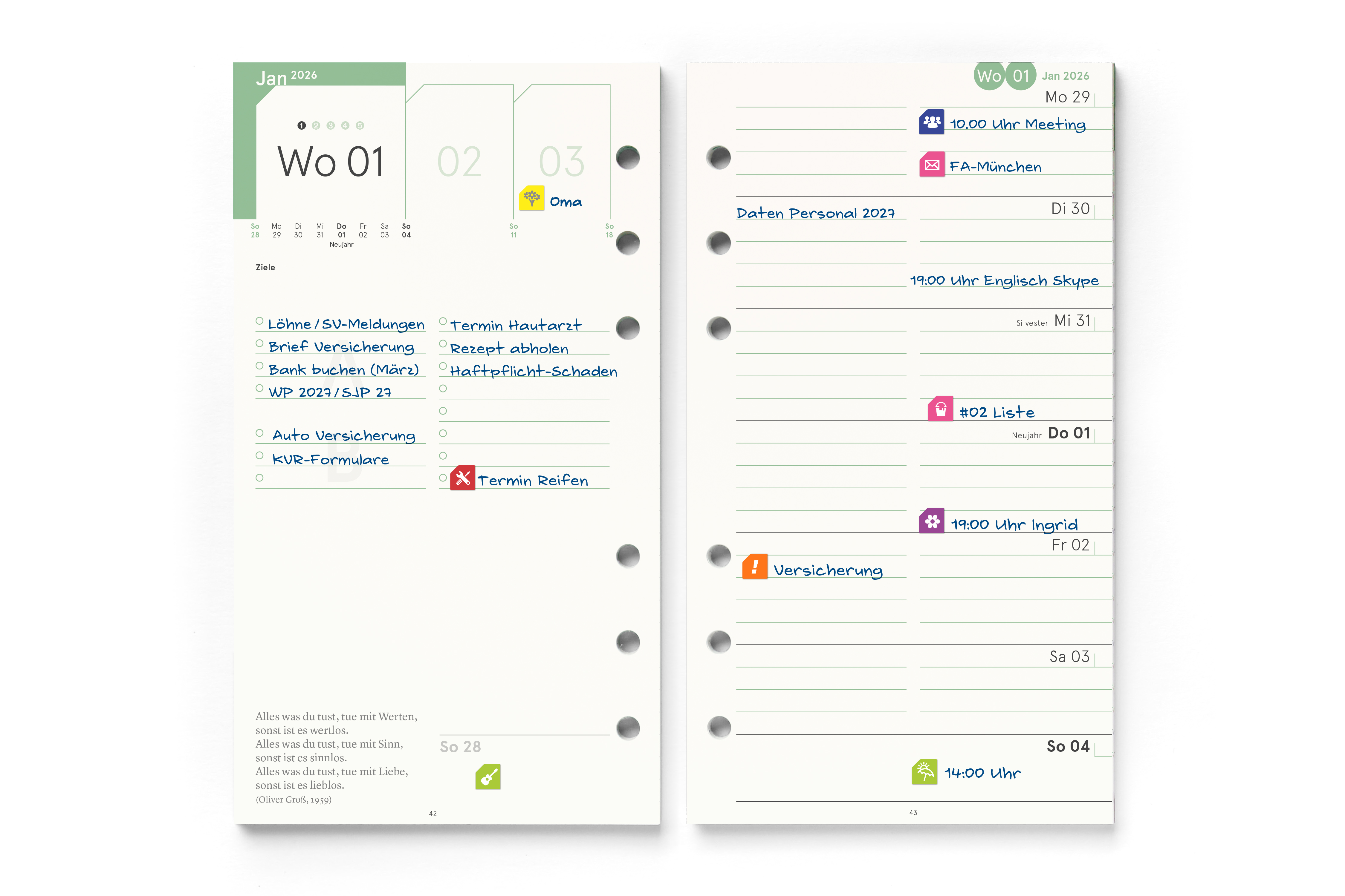 Personal-Einlagen 2026, Filofax-A6-Lochung