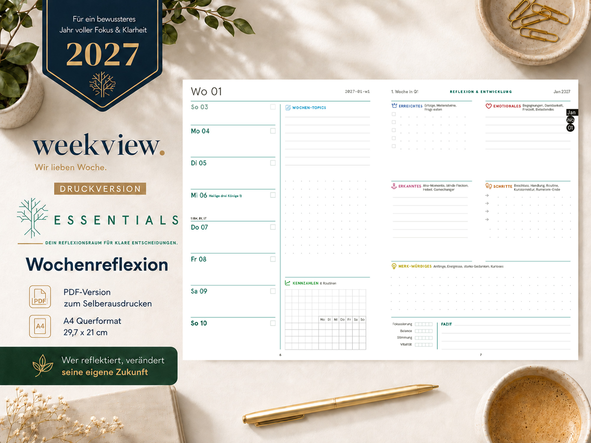 Druckversion doppelseitig - weekview ESSENTIALS 2027 PDF Druckversion zum Selberdrucken A4 Quer