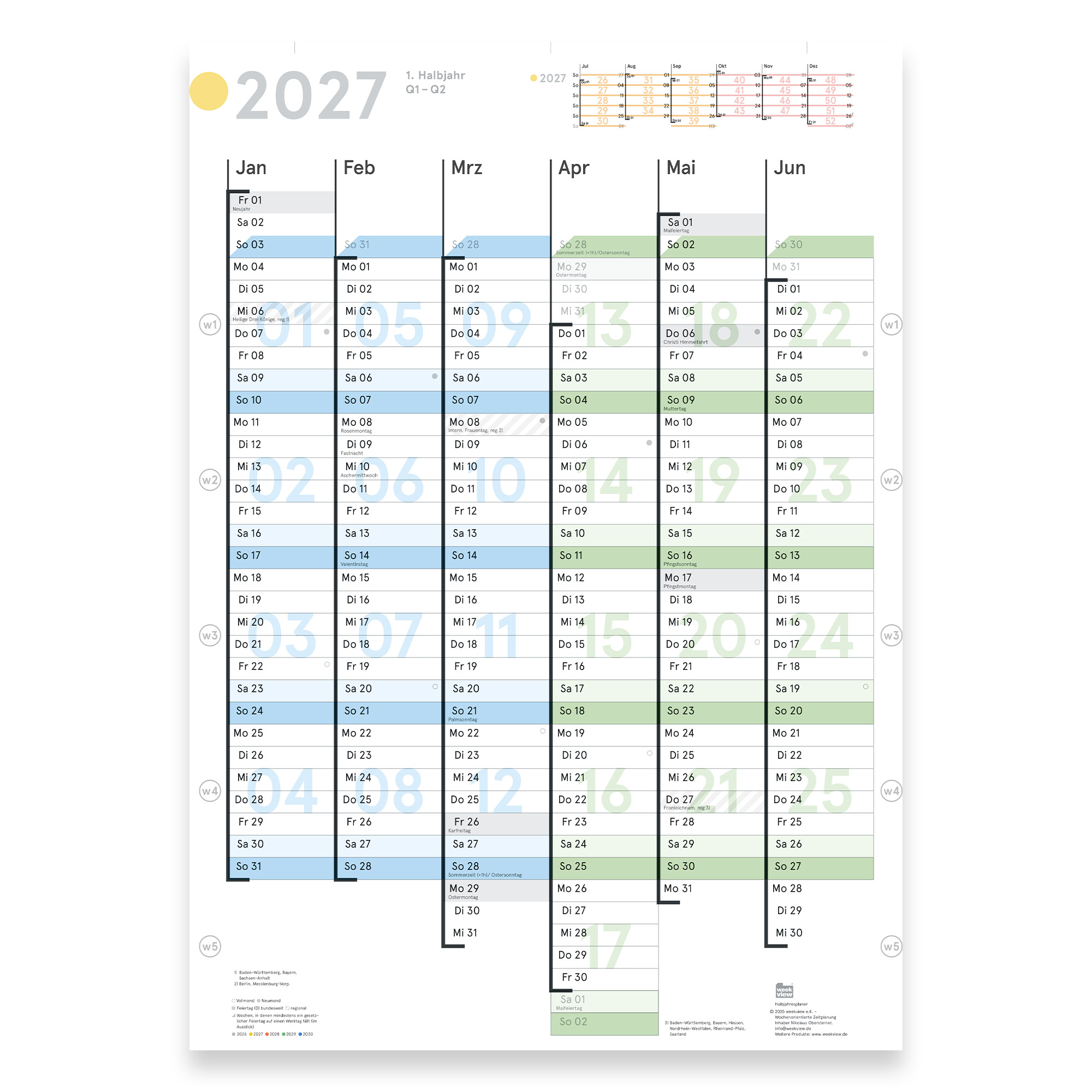 Wandkalender 2027, DIN A1 (2x A2h Halbjahresplaner)