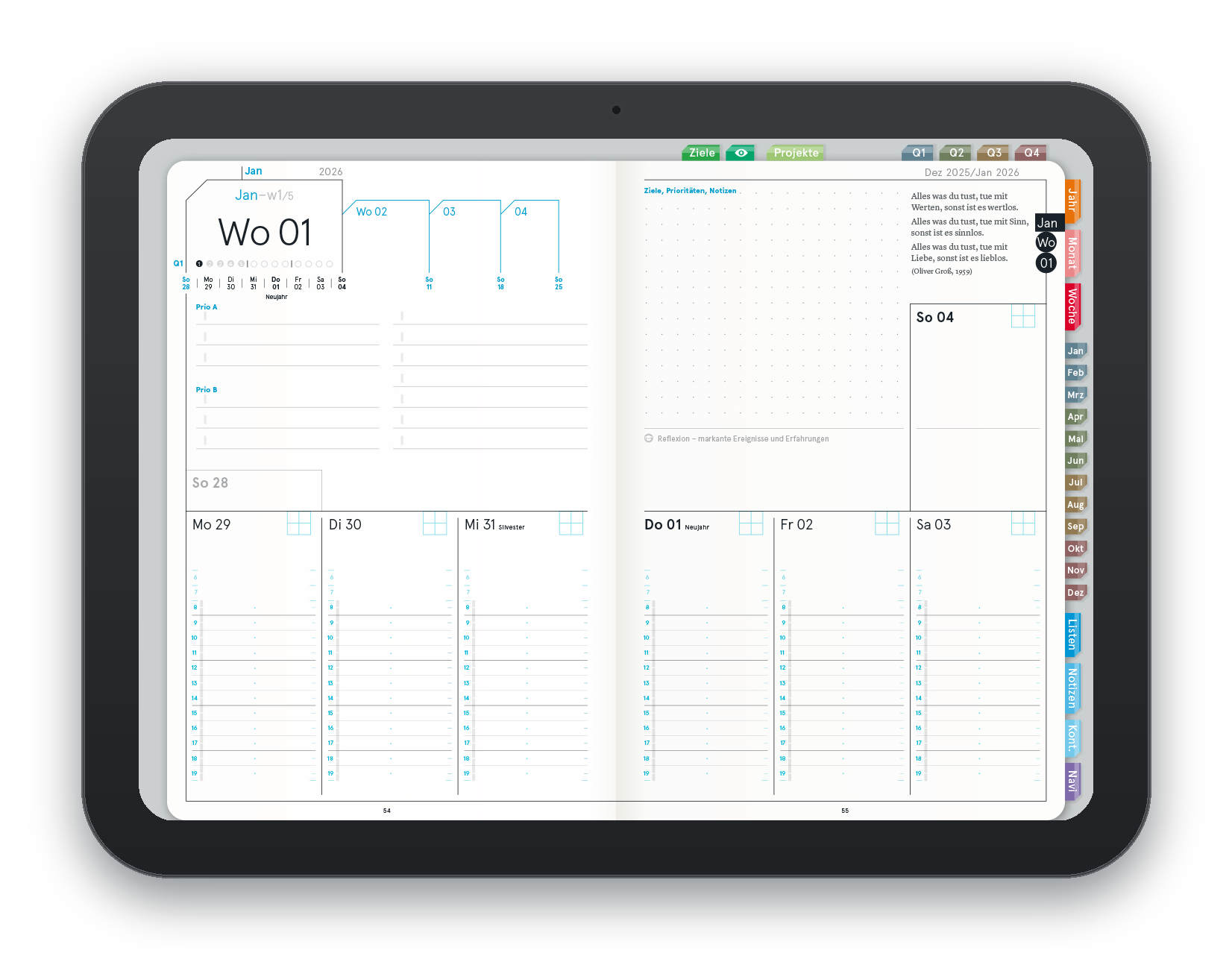 weekview Digital Planner, Wochendoppelseite mit klickbaren Reitern f&uuml;r Quartale, Monate, Listen und Notizen