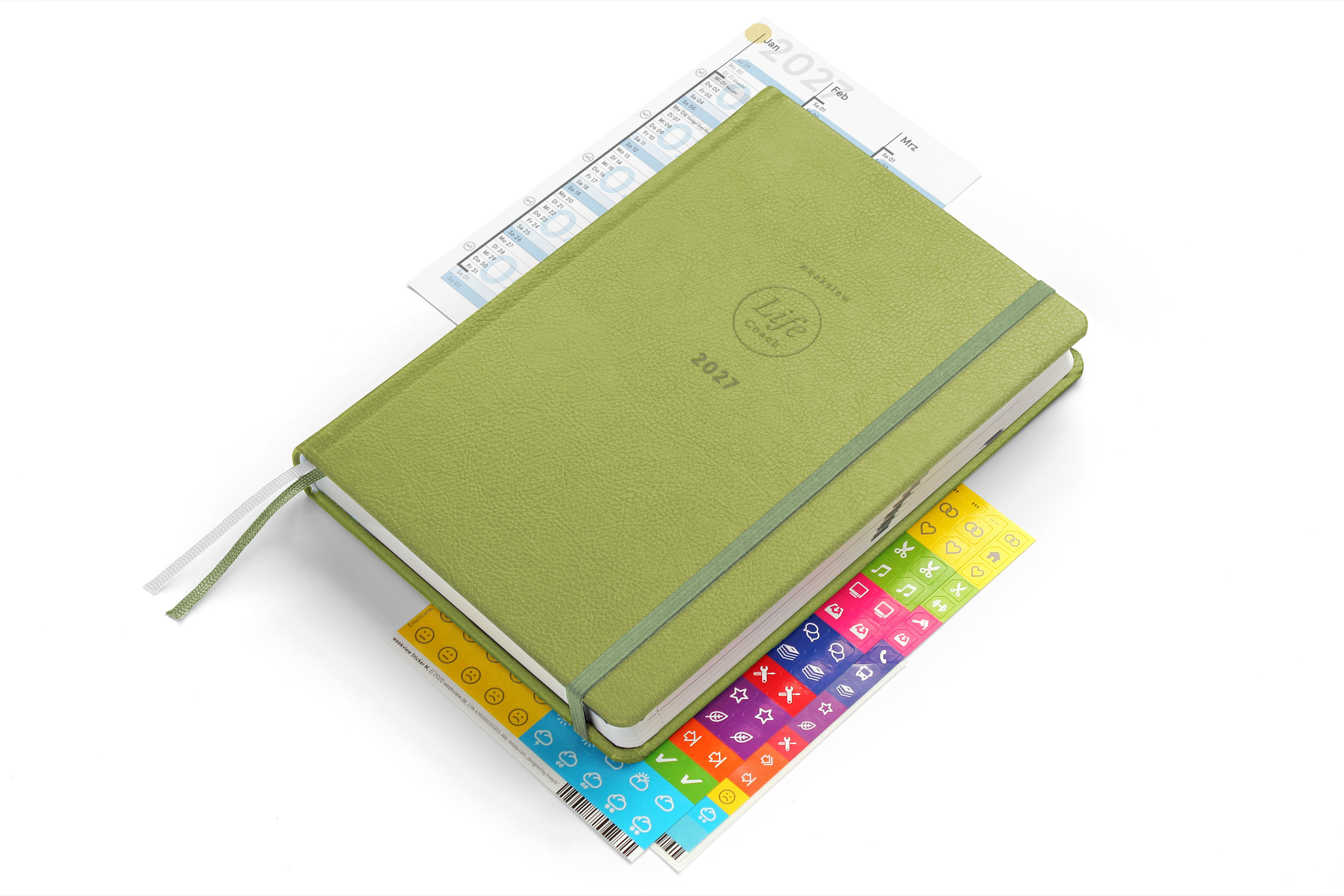 weekview LifeCoach 2027 A5 Moss Green Classic – Cover mit Lieferumfang (perspektivisch)