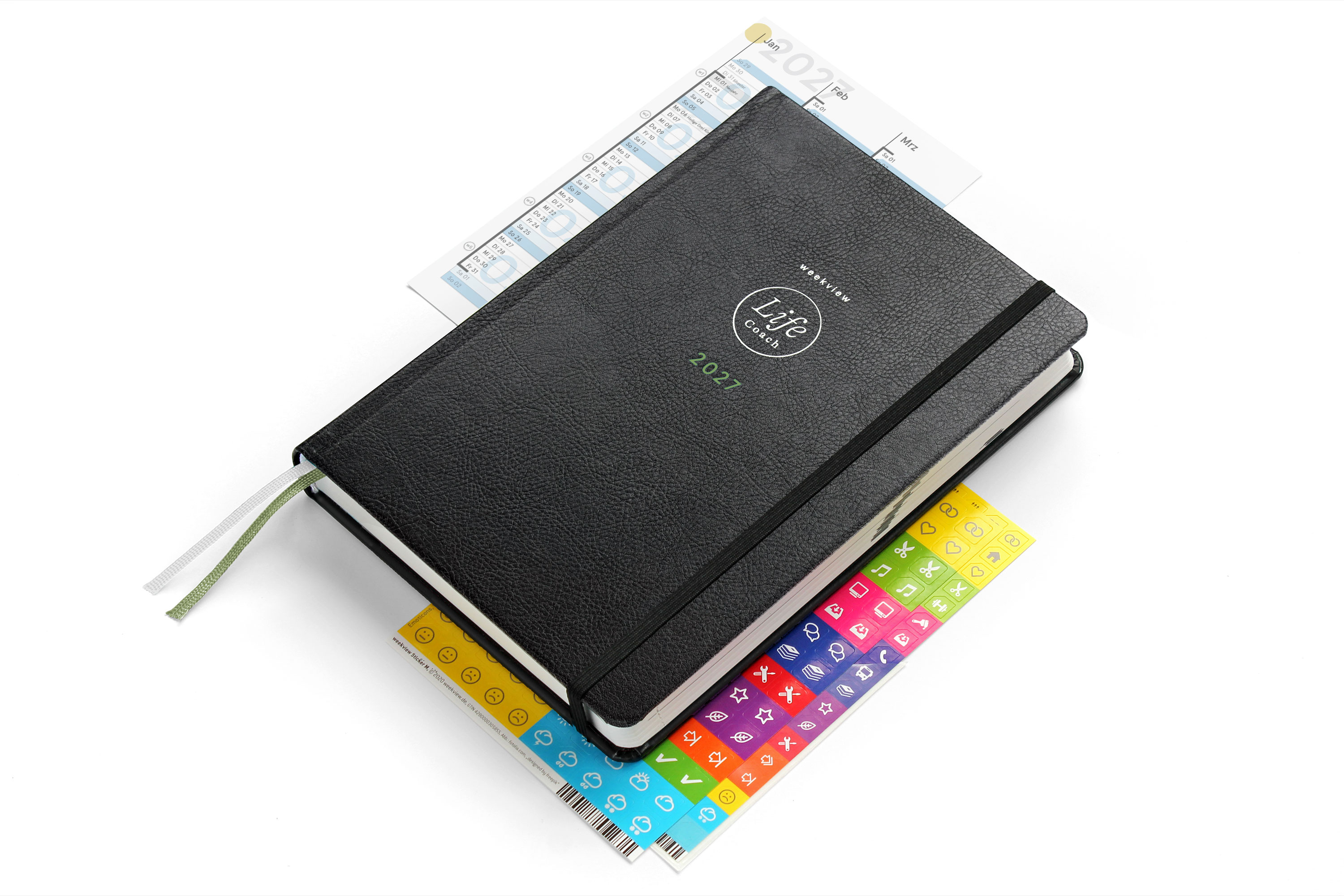 weekview LifeCoach 2027 A5 Black Classic – Cover mit Lieferumfang (perspektivisch)