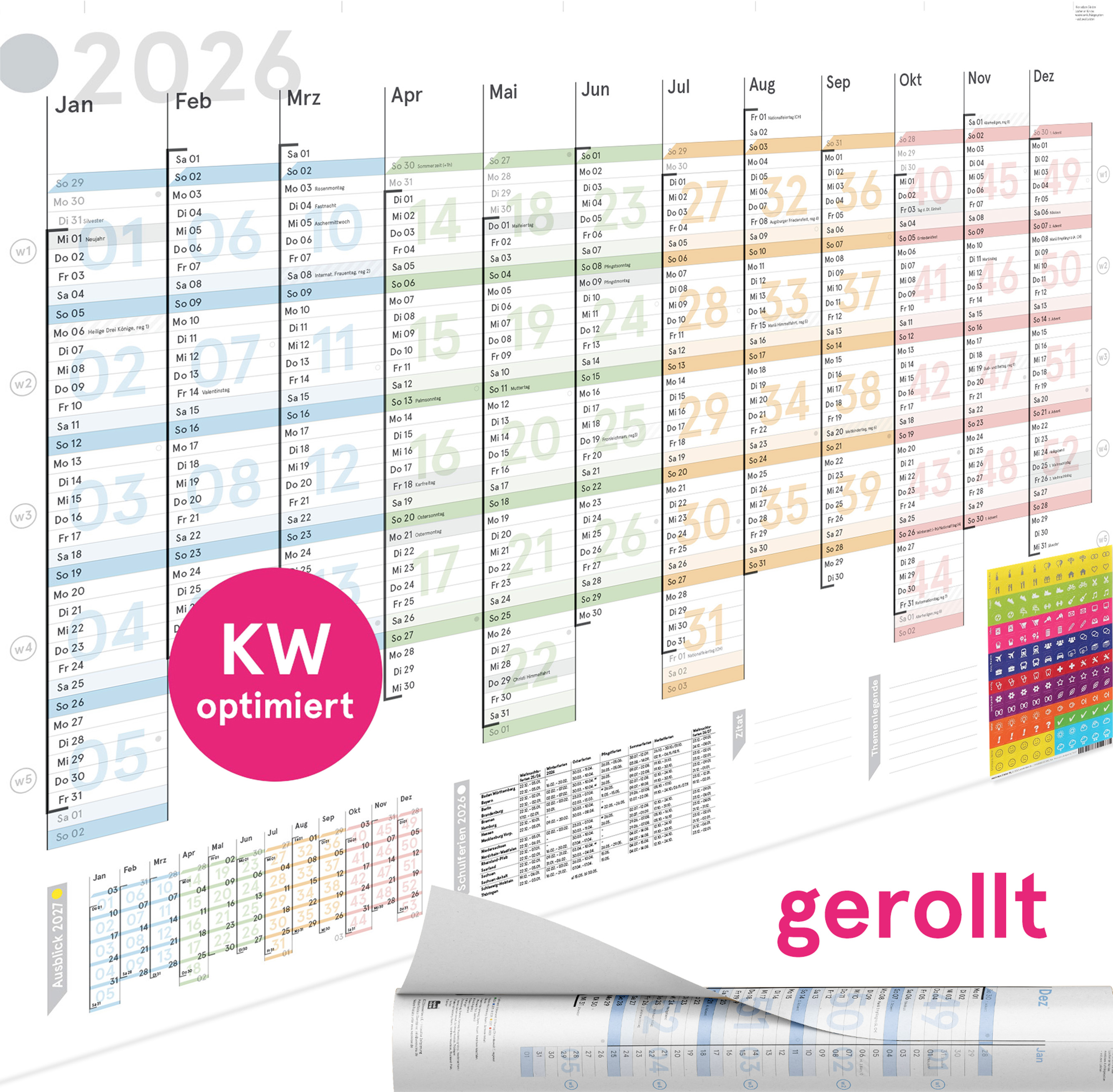 Wandplaner Colour 2026 - Wandkalender KW-optimiert, DIN A1, Papier, gerollt