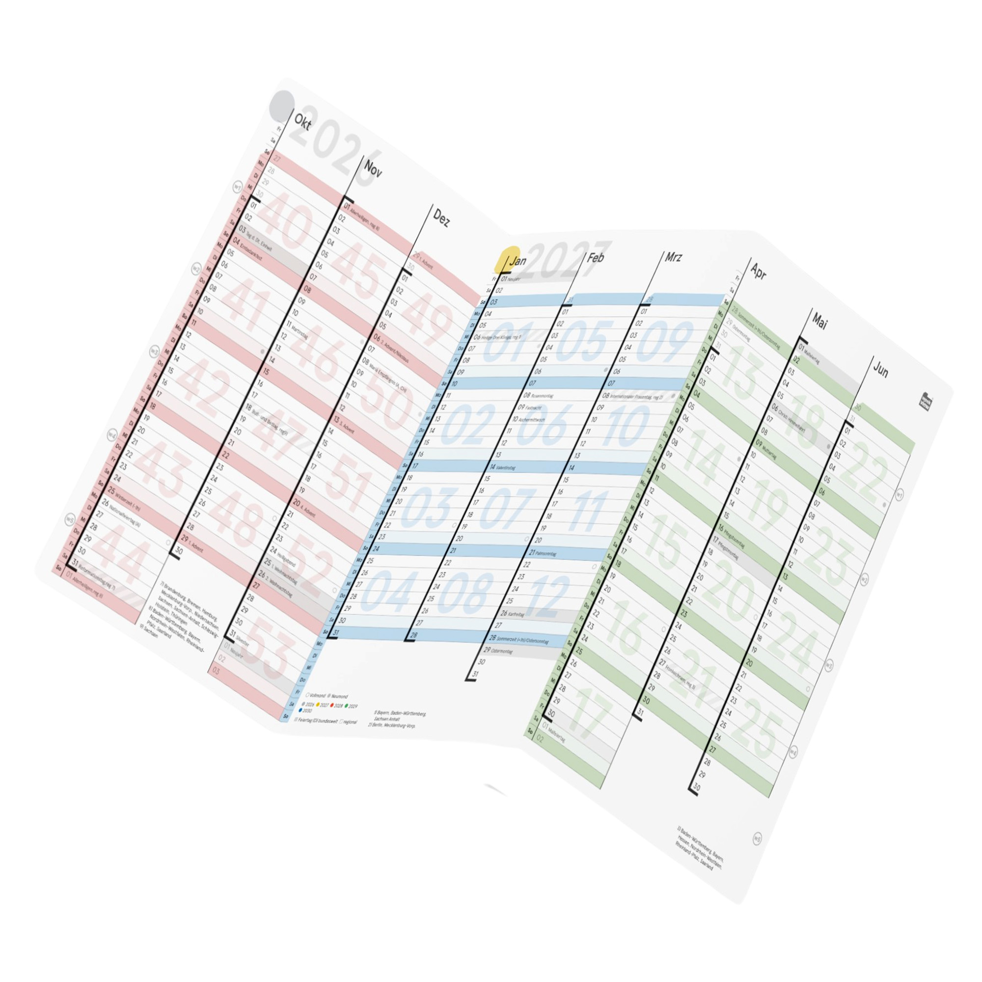 18M-Tafelkalender extended Okt 2026 – Mrz 2028, Seite 1: Oktober 2026 bis Juni 2027