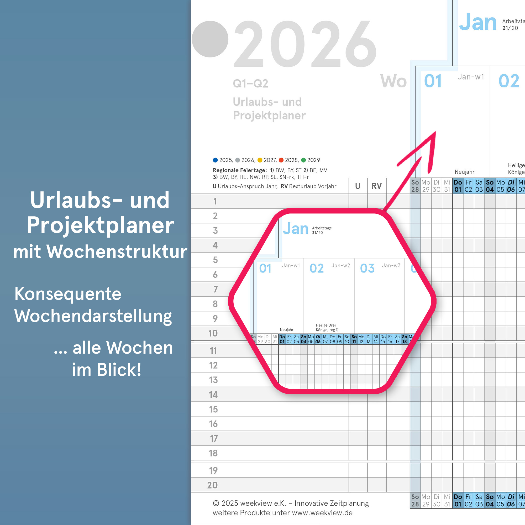 Urlaubs- und Projektplaner A5-Leporello farbig 2026 gefaltet, 84x20 cm, Personal- und Dienstplaner