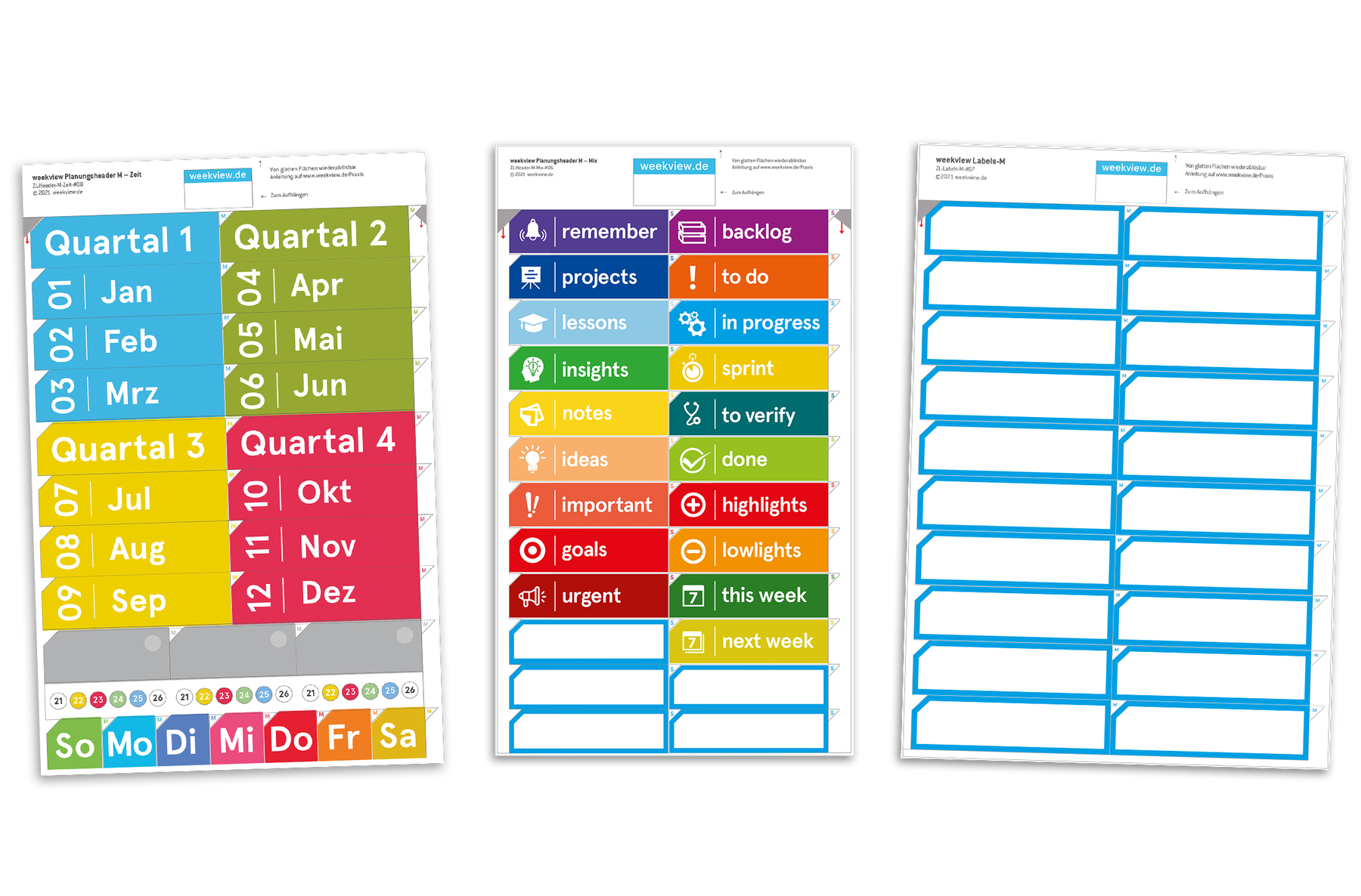 weekview Planungs-Header M: Zeit-Set mit Quartalen, Monaten und Wochentagen, Mix-Set mit Themen und ein Bogen Blanko-Labels