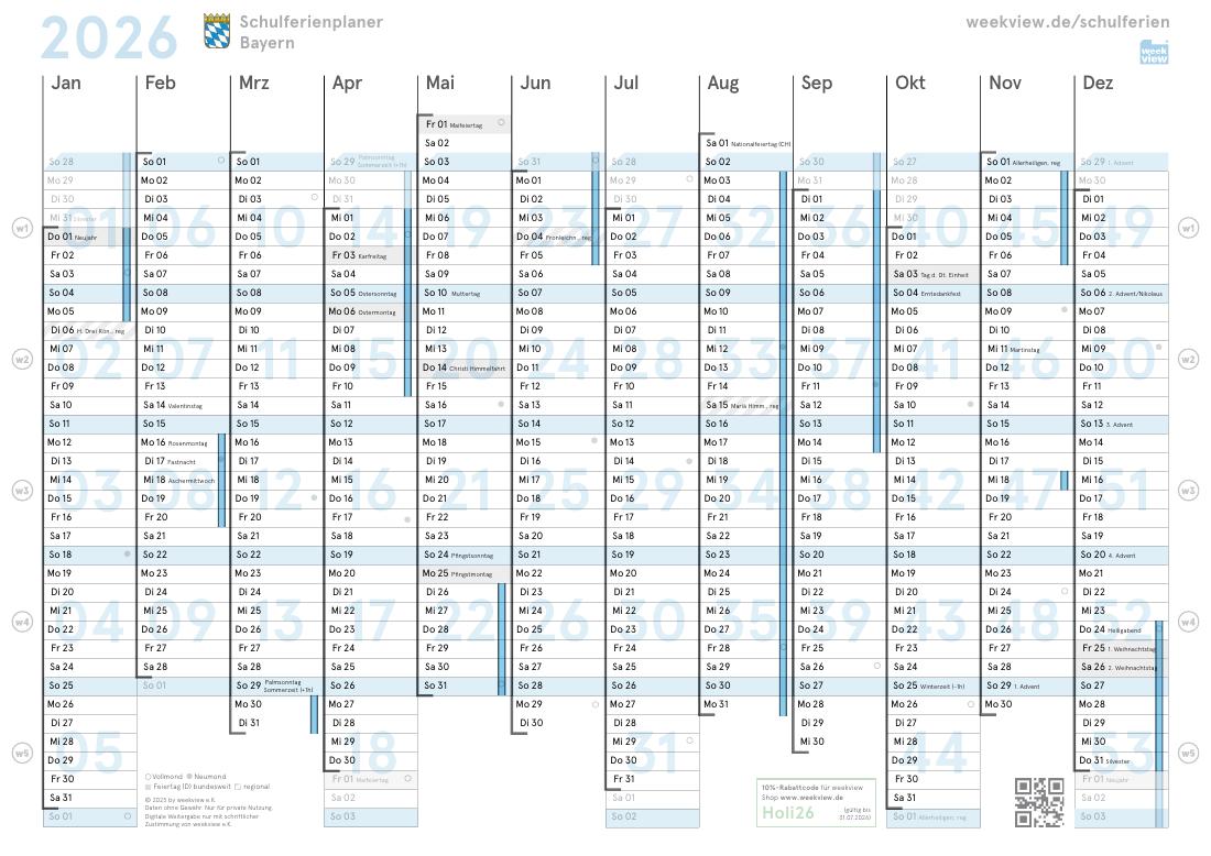 weekview Schulferienplaner &ndash; Jahres&uuml;bersicht mit Ferien, Feiertagen und Kalenderwochen