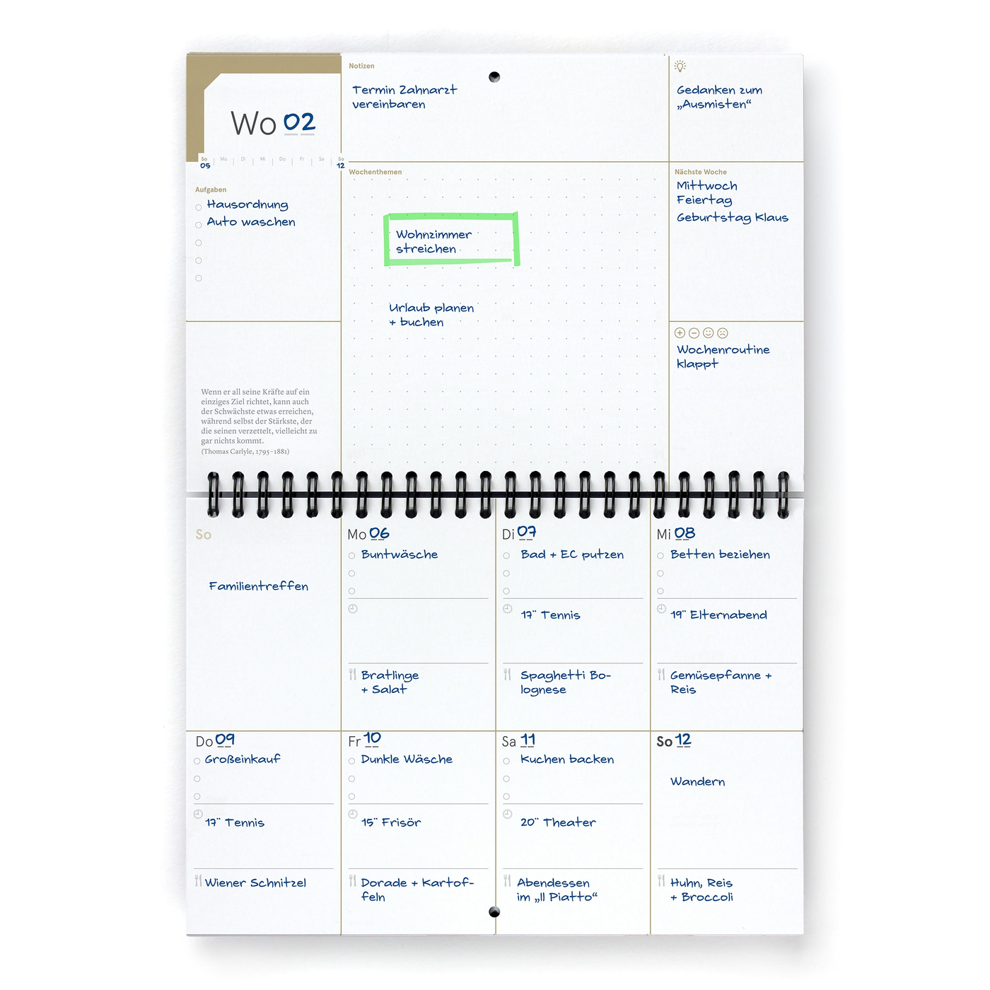 Aufgeschlagene Wochenseite des weekview Haushaltsplaners mit Aufgaben, Wochenthemen, Men&uuml;planung und Routinen