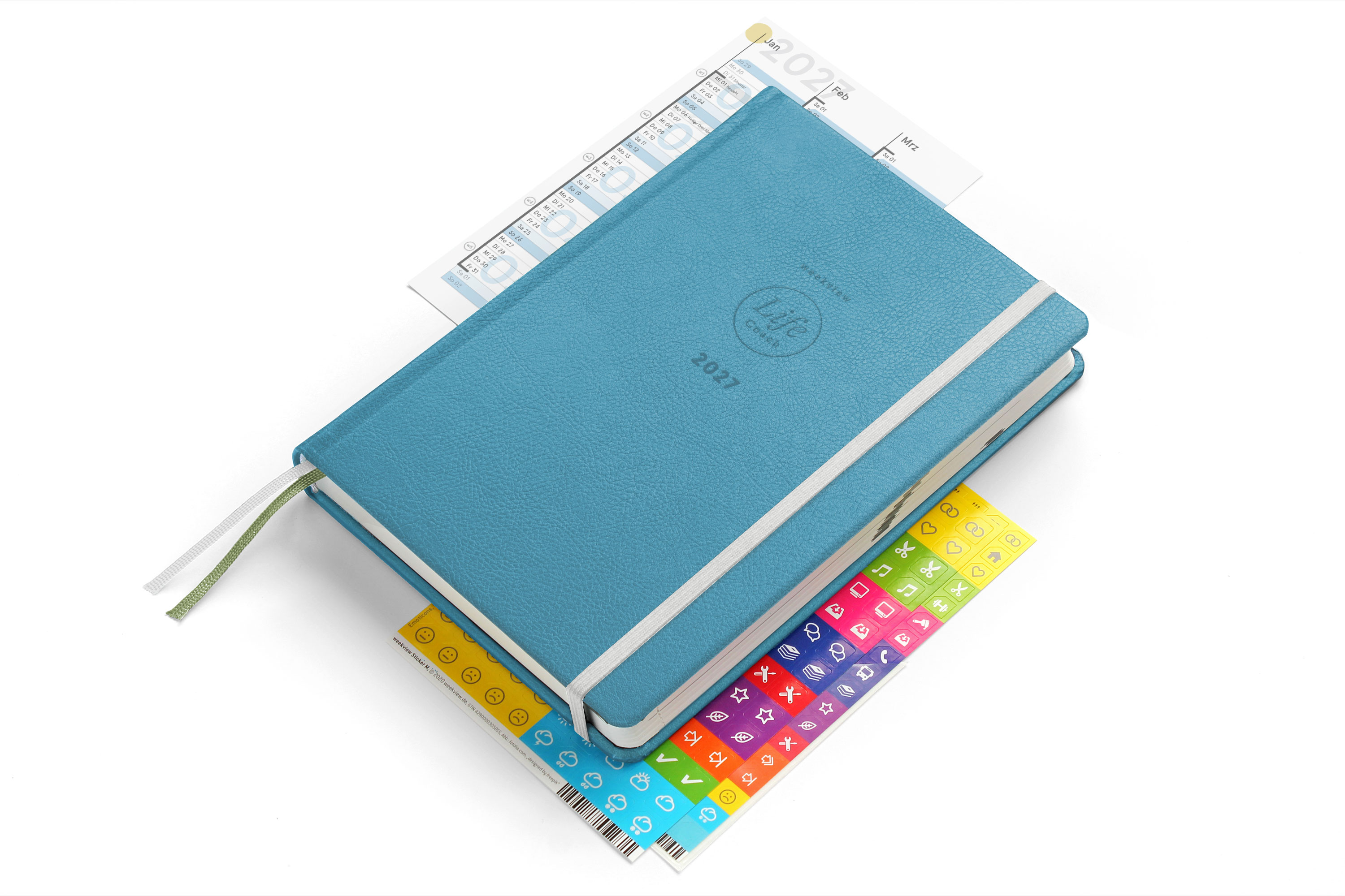 weekview LifeCoach 2027 A5 Sky Blue Classic – Cover mit Lieferumfang (perspektivisch)