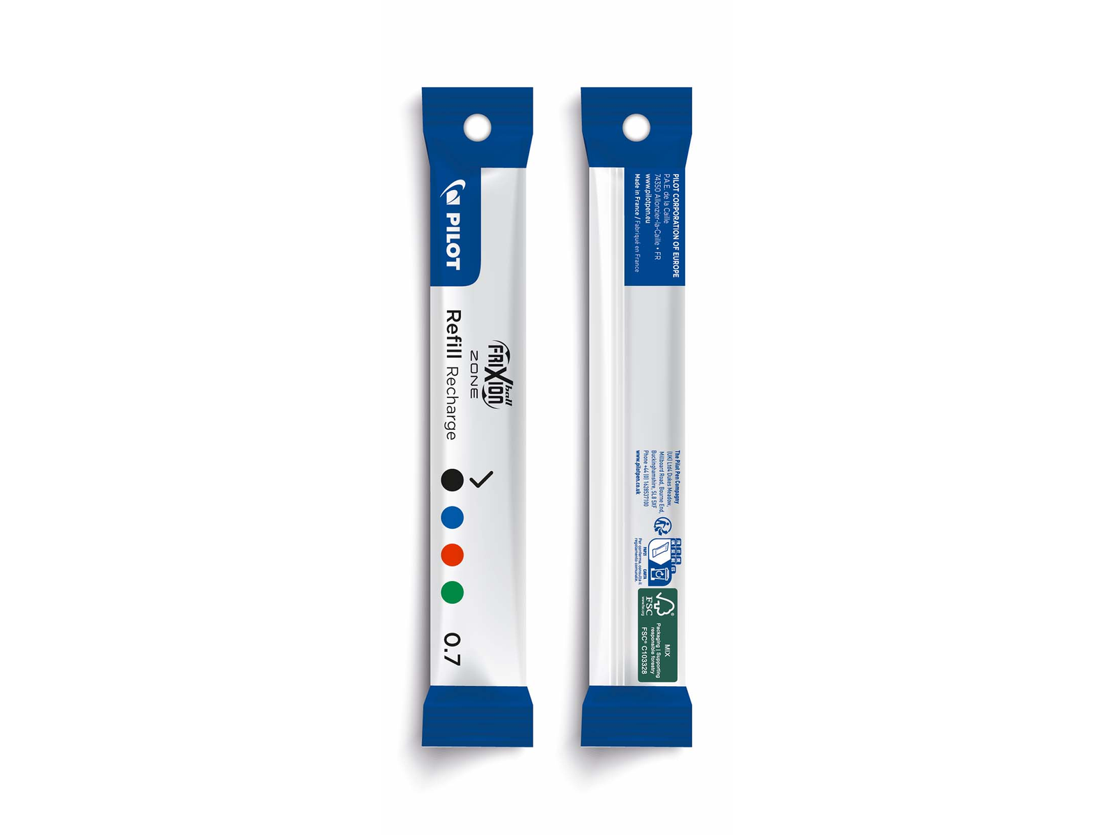 FriXion Metall-Mine 0,7 in der Verpackung, Vorder- und R&uuml;ckseite