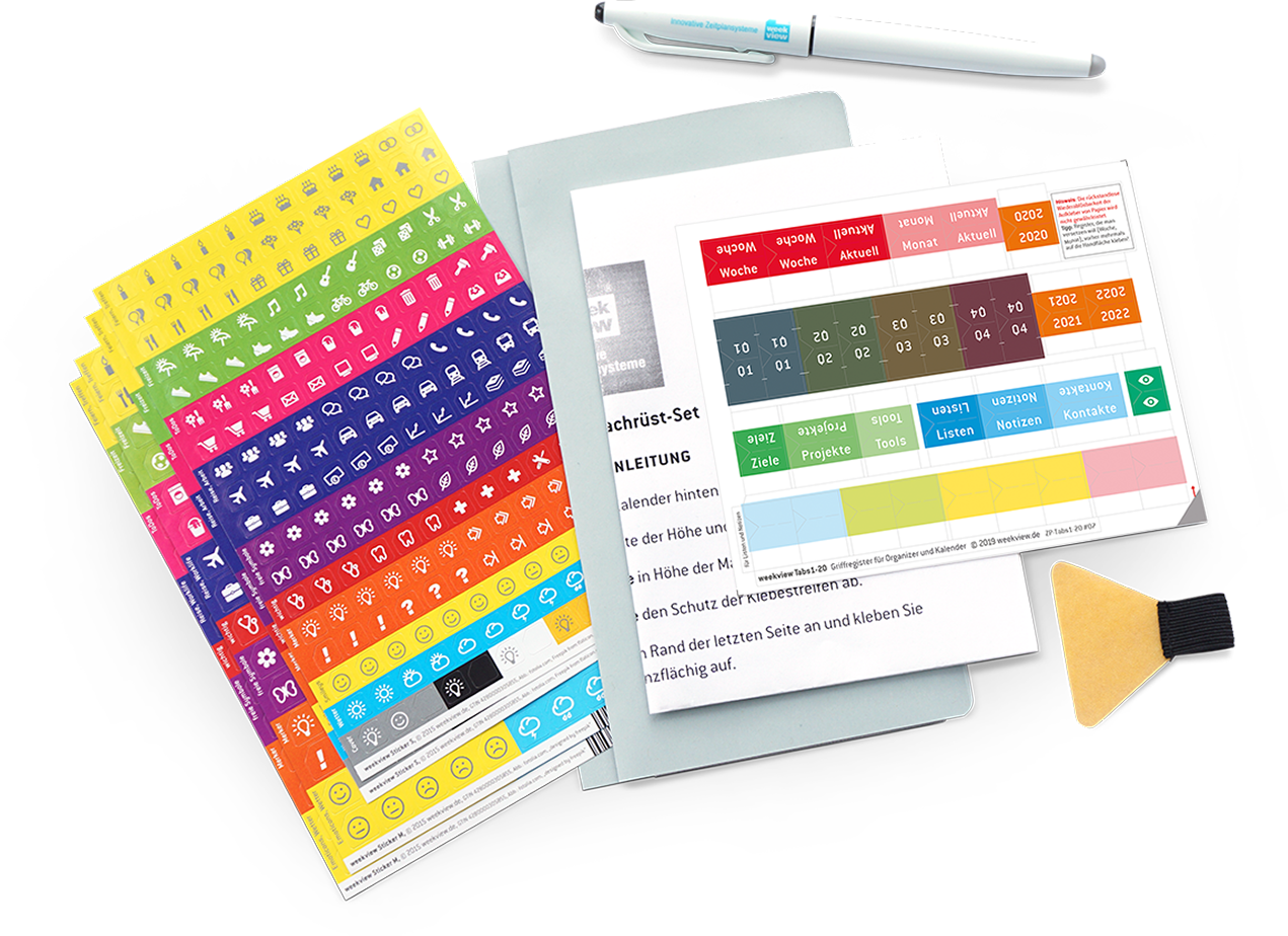 weekview compact Premium Nachr&uuml;st-Set mit Froschtasche, Stiftschlaufe, Griffregister, Stickern und FriXion-Stift