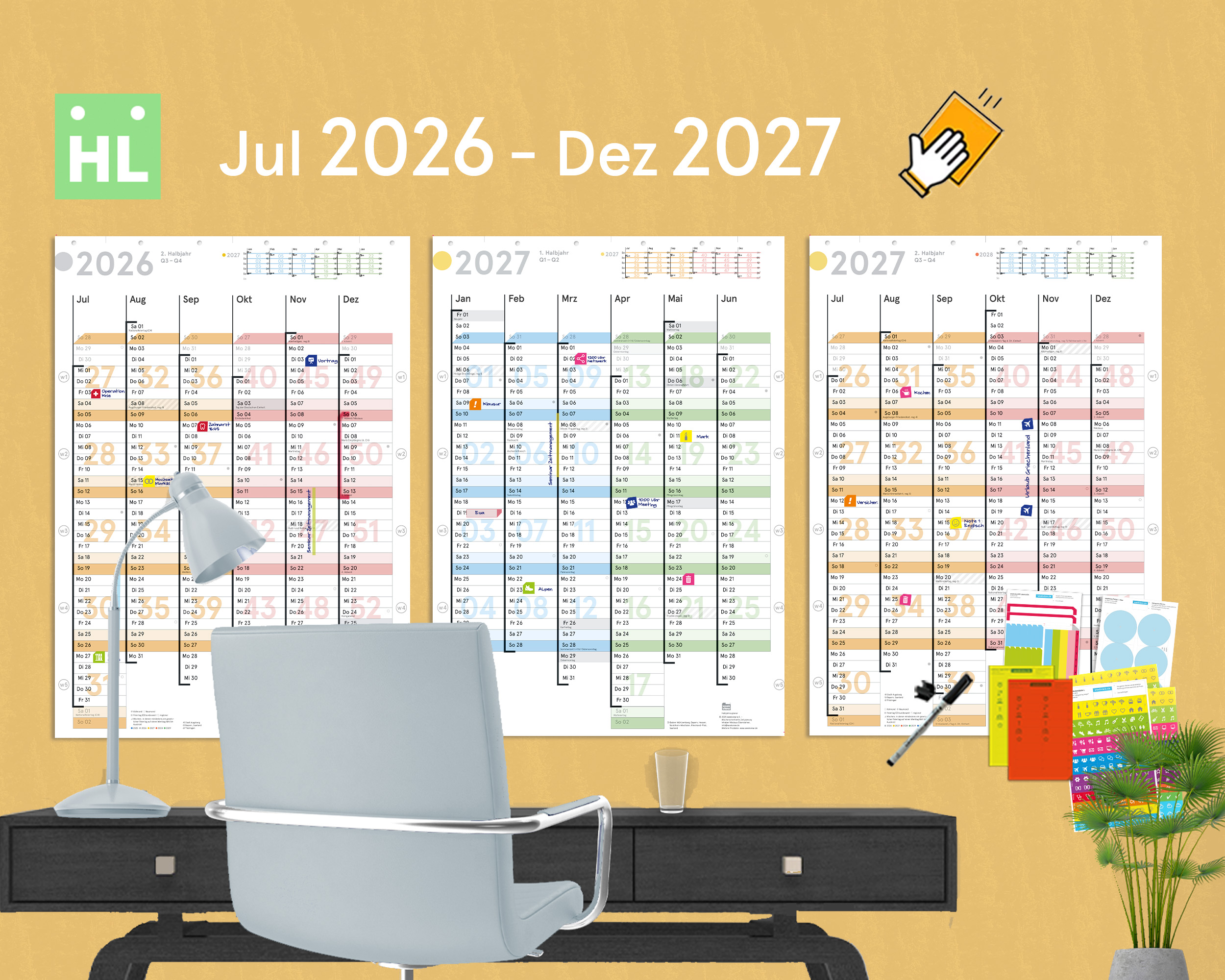 18-month wall planner Jul 2026 – Dec 2027 (3xA2h)