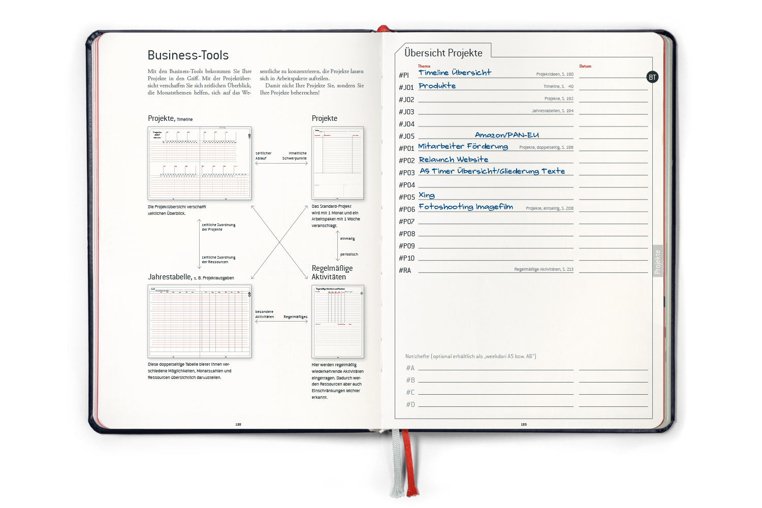 weekview Business Planner aufgeschlagen: Business-Tools Doppelseite mit Projektuebersicht