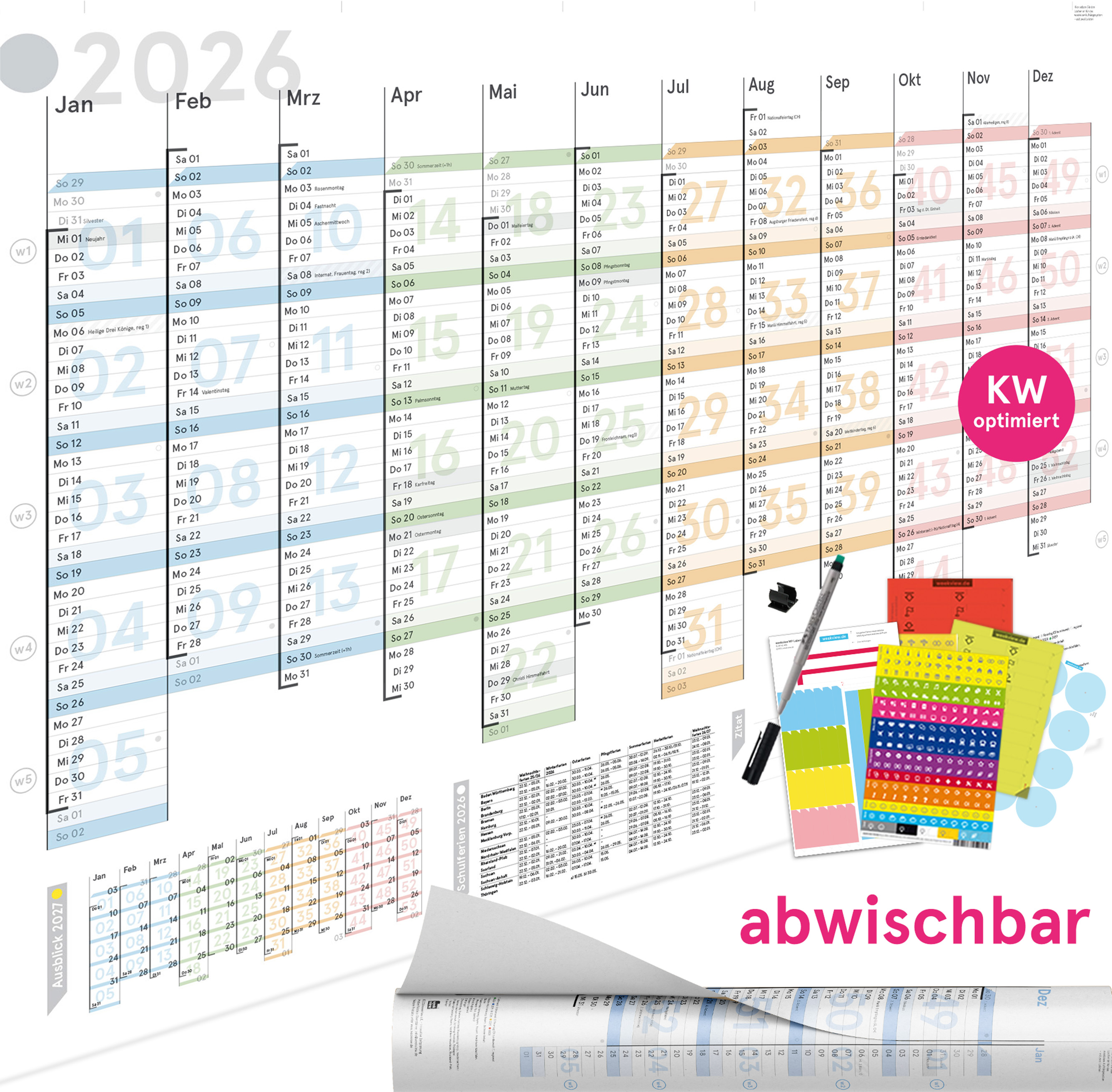 Wandplaner Colour 2026 abwischbar, DIN A1