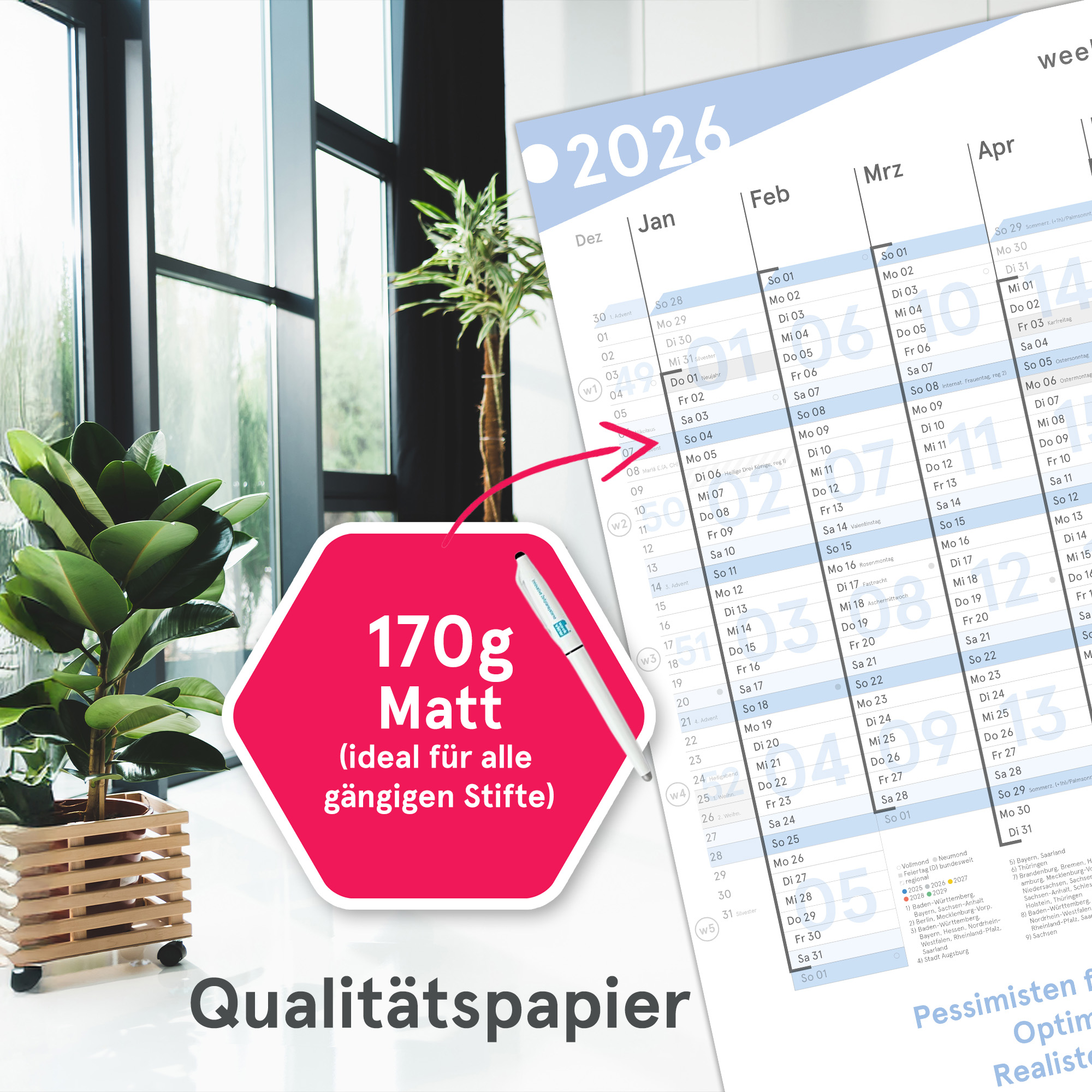 Wandplaner Blau 2026 - Segelschiff Motiv - Wandkalender KW-optimiert, DIN A1, gefaltet