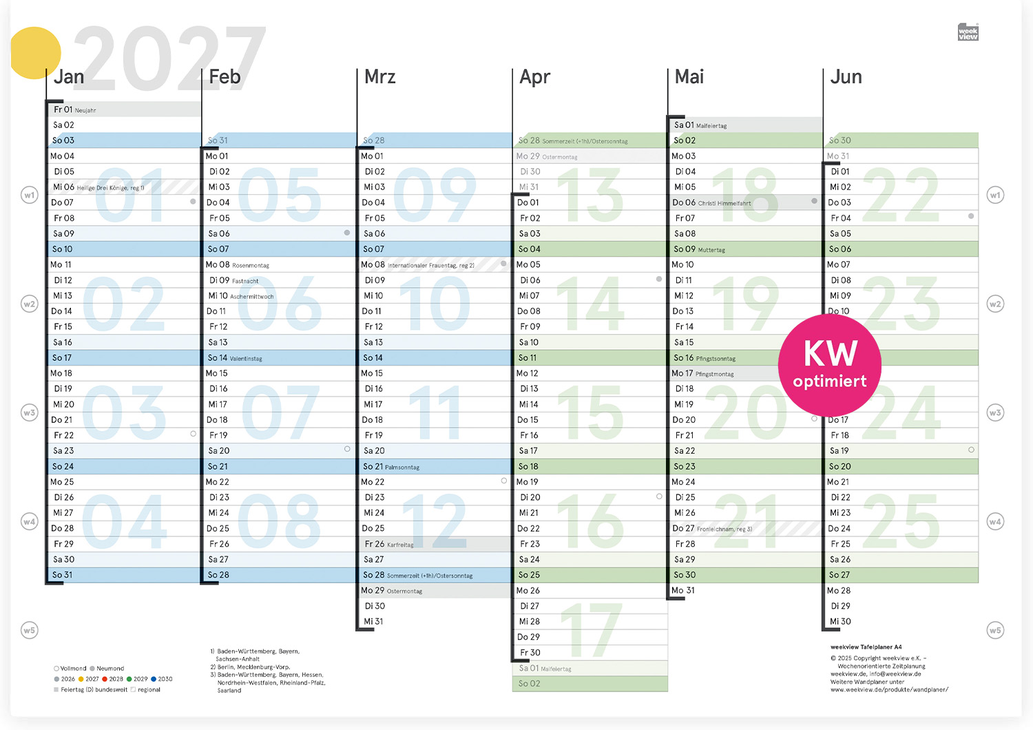 weekview A4 Tafelkalender mit Wochenstruktur nach dem Global Week Code