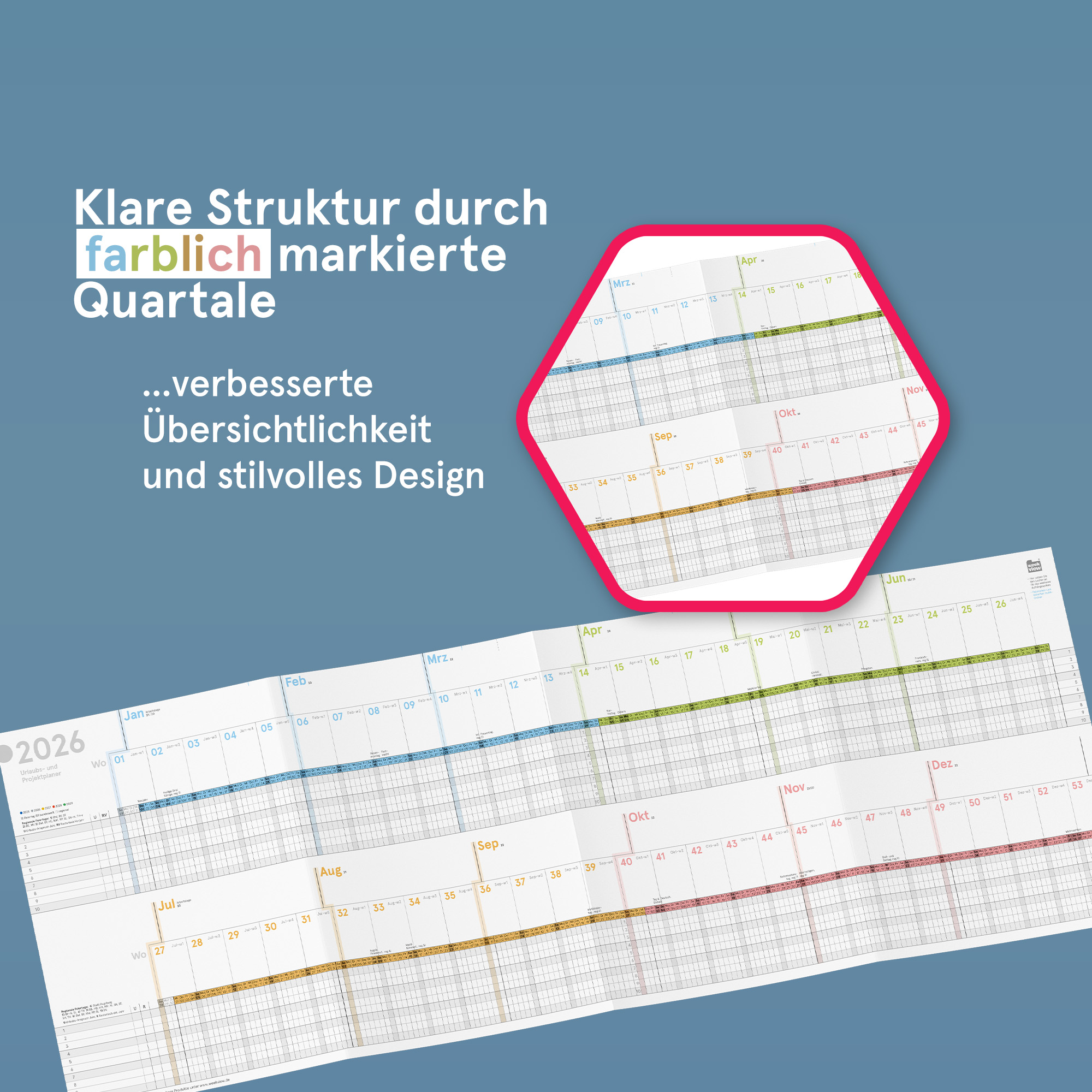 Urlaubs- und Projektplaner A4 farbig 2026 gefaltet, 82,5x29,5 cm, großer Personal- und Dienstplaner