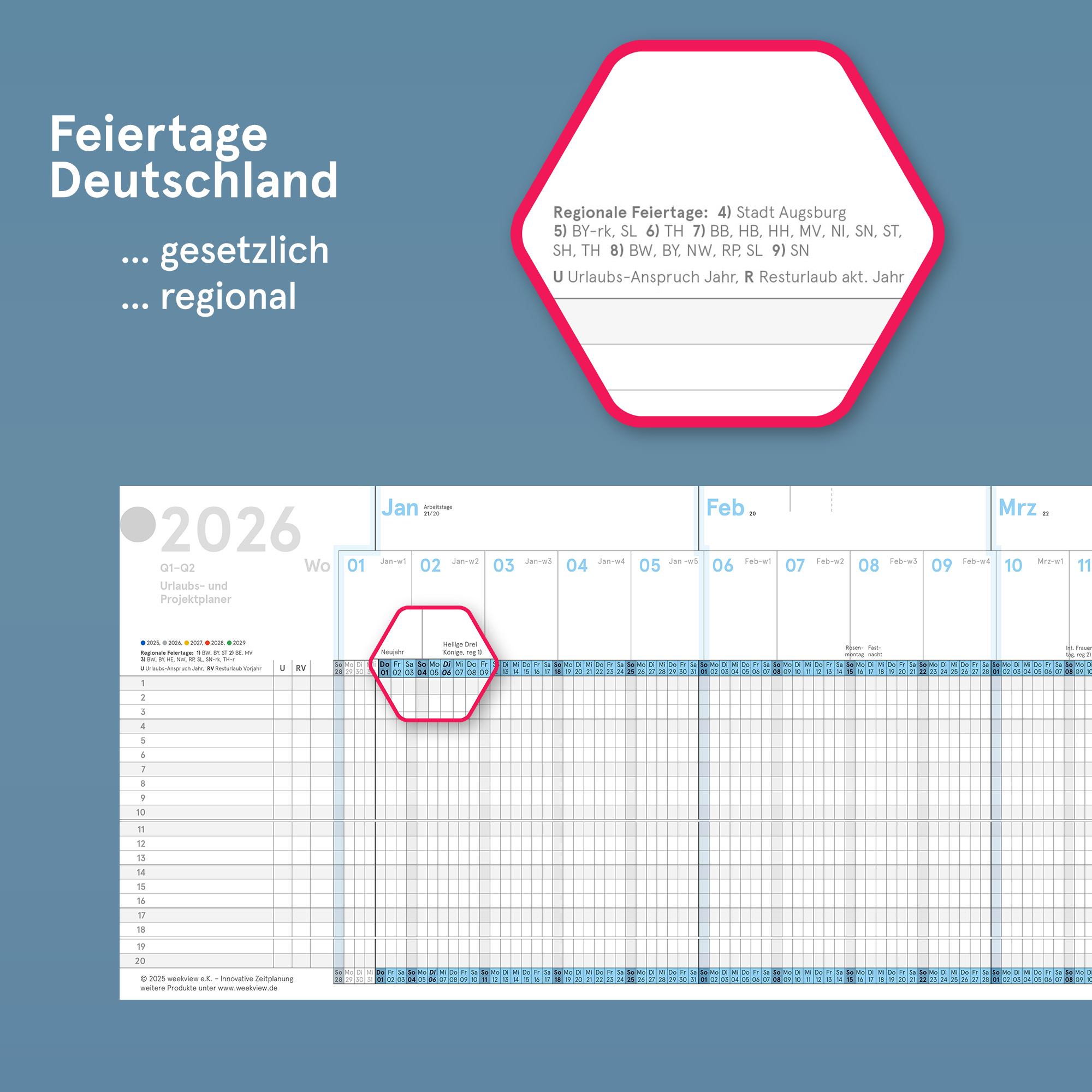 Urlaubs- und Projektplaner A5-Leporello farbig 2026 gefaltet, 84x20 cm, Personal- und Dienstplaner