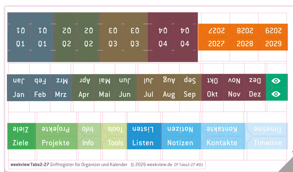 weekview Tabs 2 &ndash; 2027: Registerbogen mit Quartalen, Jahren, Monaten und acht Bereichsfahnen