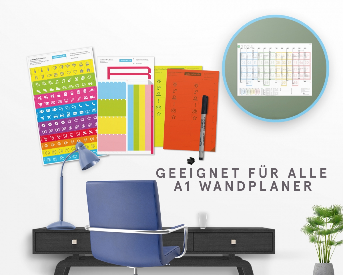 weekview A1-Label-Set | Zubehör zu den A1-Wandplanern abwischbar: A1-Labels, A1-Neonlabels, Sticker