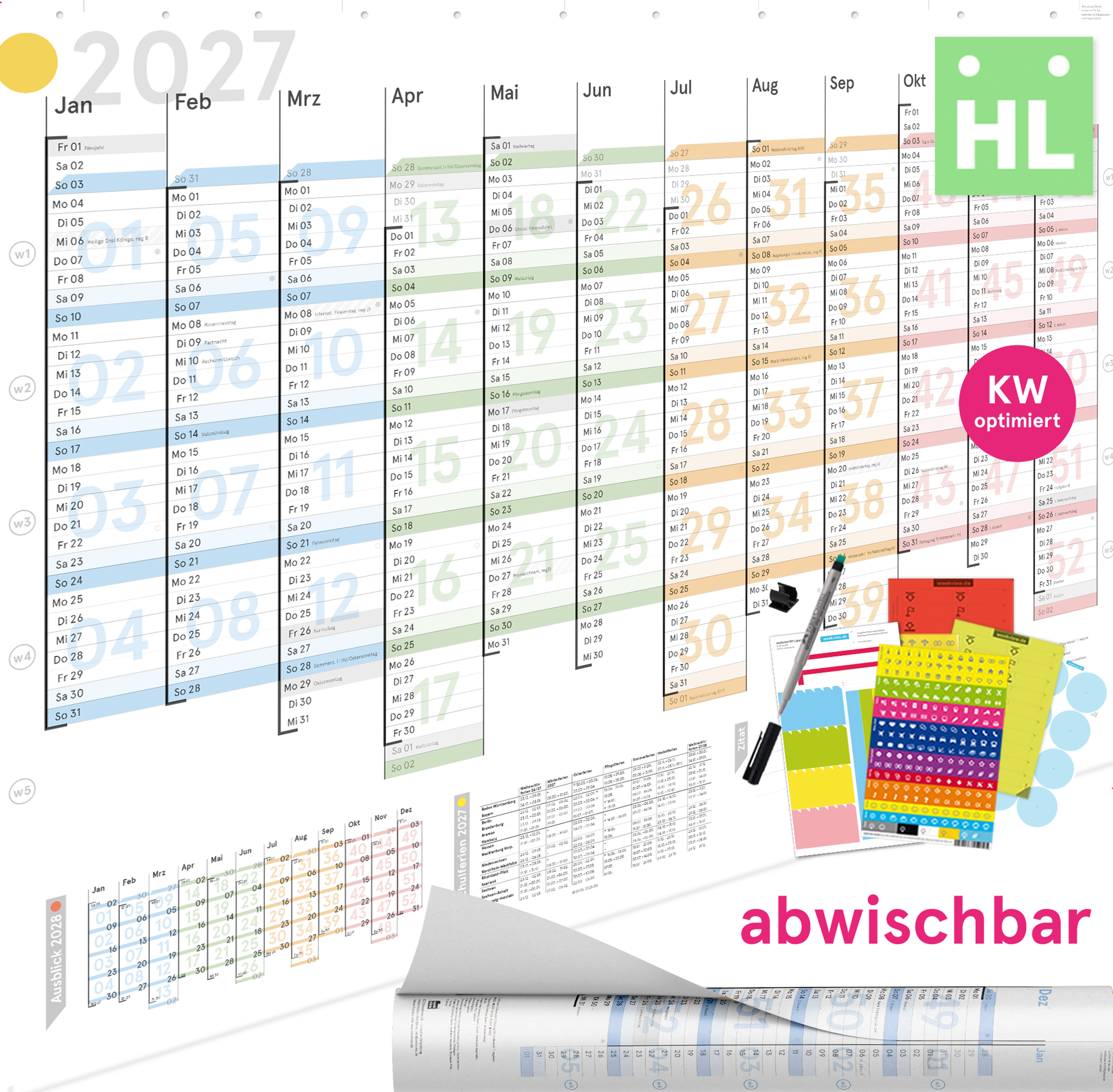 Wandplaner Colour 2027 abwischbar Plus gelocht, DIN A1