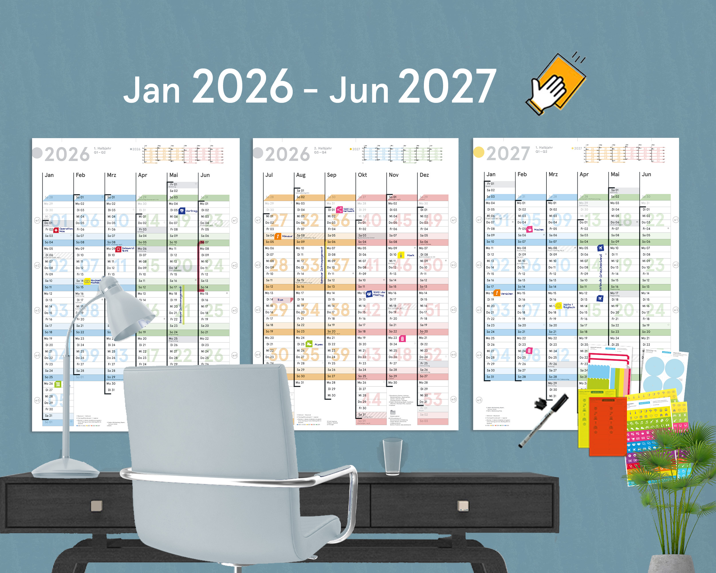 18-month wall planner Jan 2026 – Jun 2027 (3xA2h)