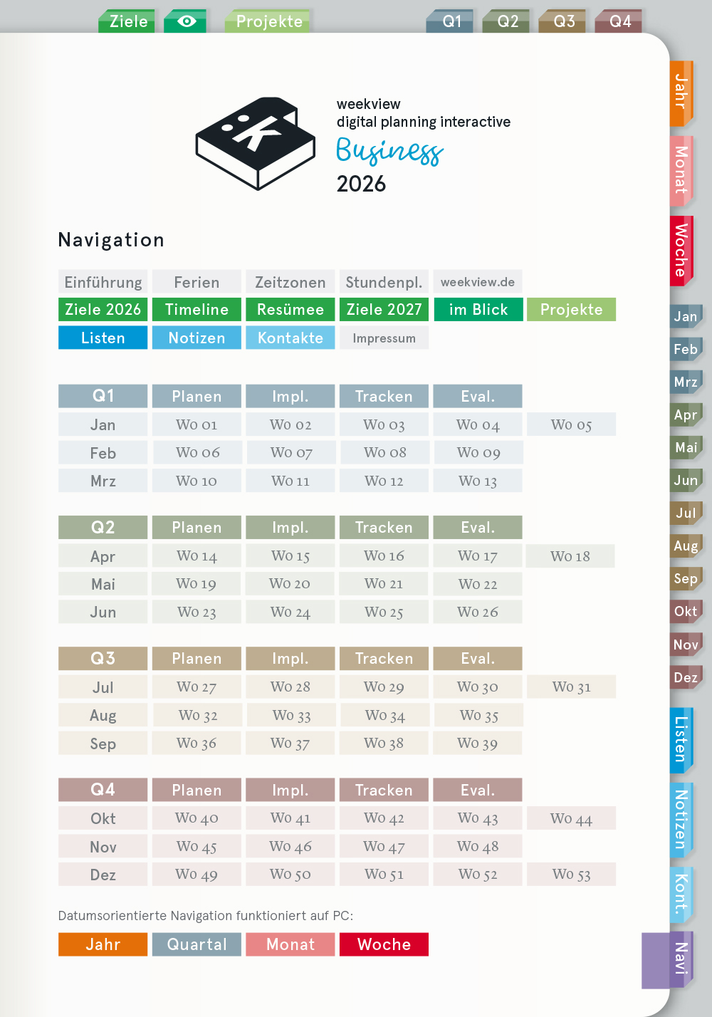 Digital Planner | Business 2026 | mit Navigation, einseitig