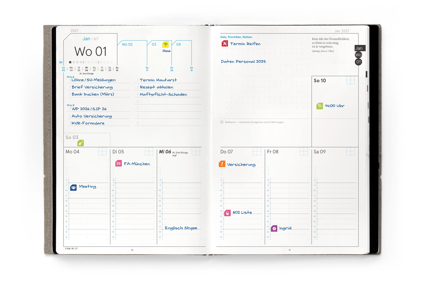 weekview X17 Business 2027 aufgeschlagen — Wochenplanung im modularen System