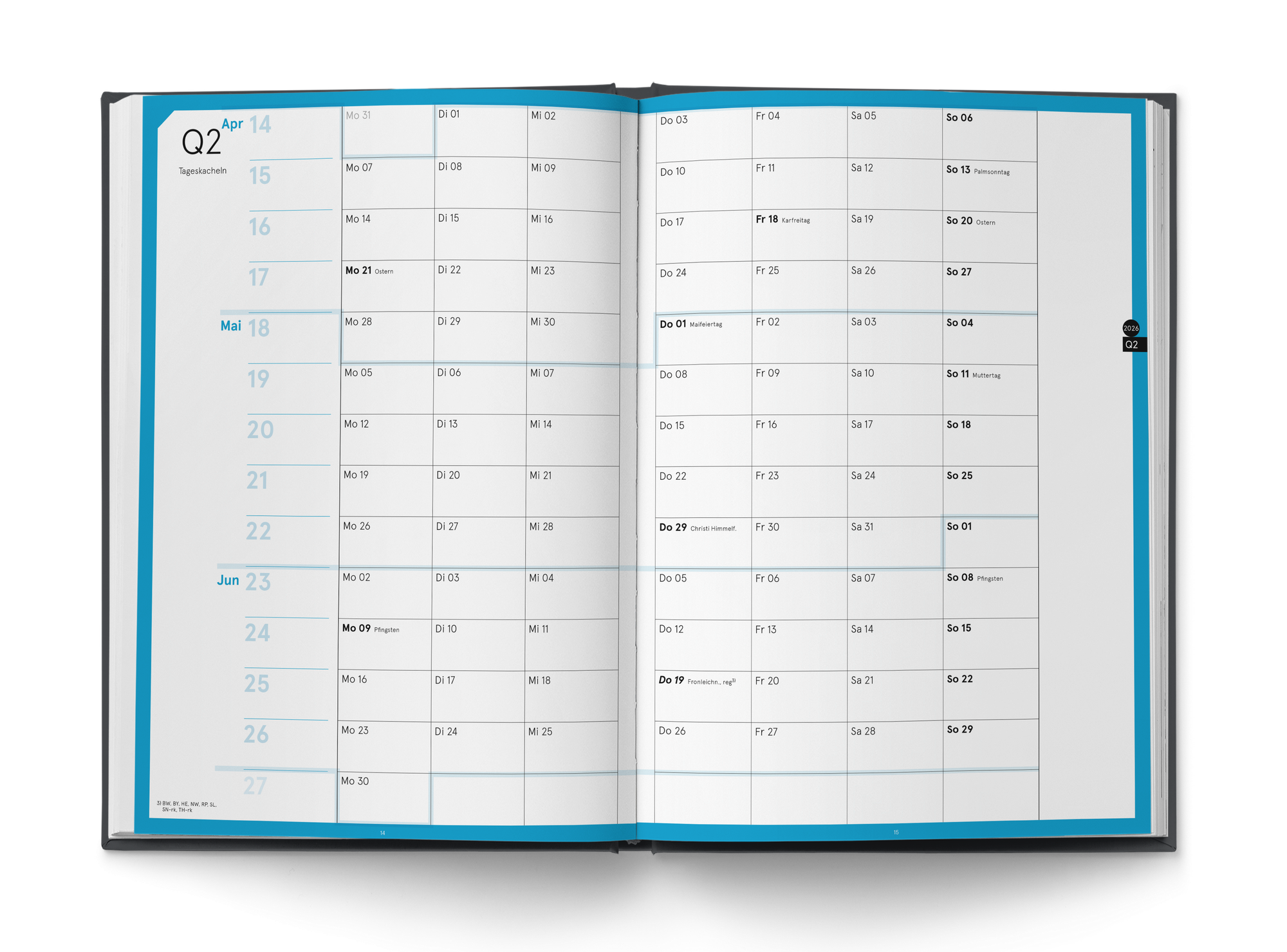 weekview Business Planner Pro A4 — Tageskacheln: das Quartal als Kachelraster