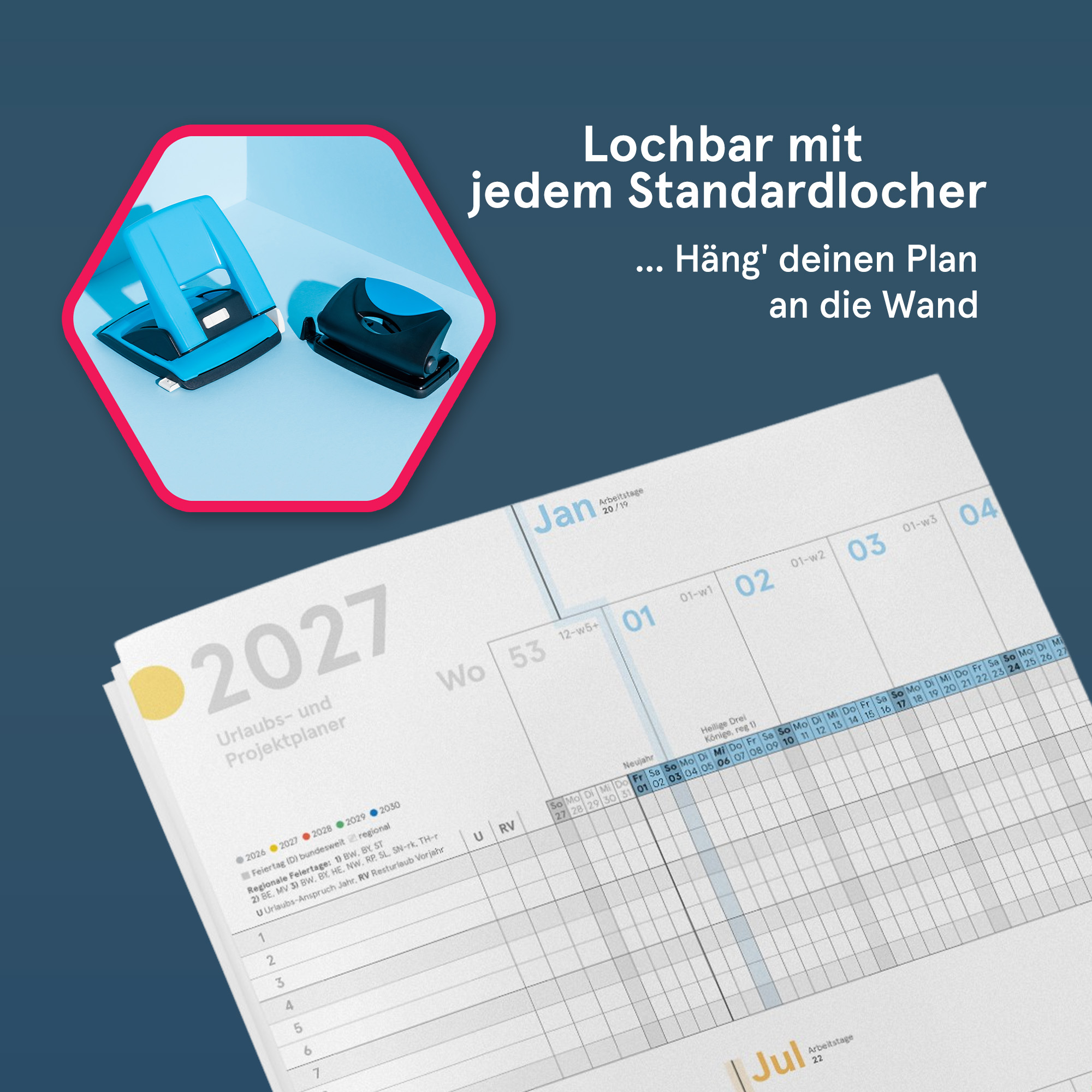 Urlaubs- und Projektplaner A4 farbig 2027 gefaltet, 82,5x29,5 cm, großer Personal- und Dienstplaner