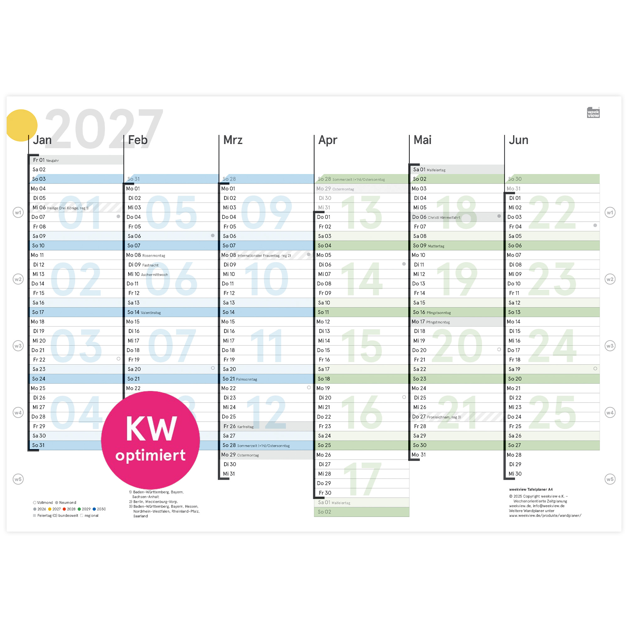 weekview Tafelkalender 2027 in DIN A4, sechs Monatsspalten je Seite