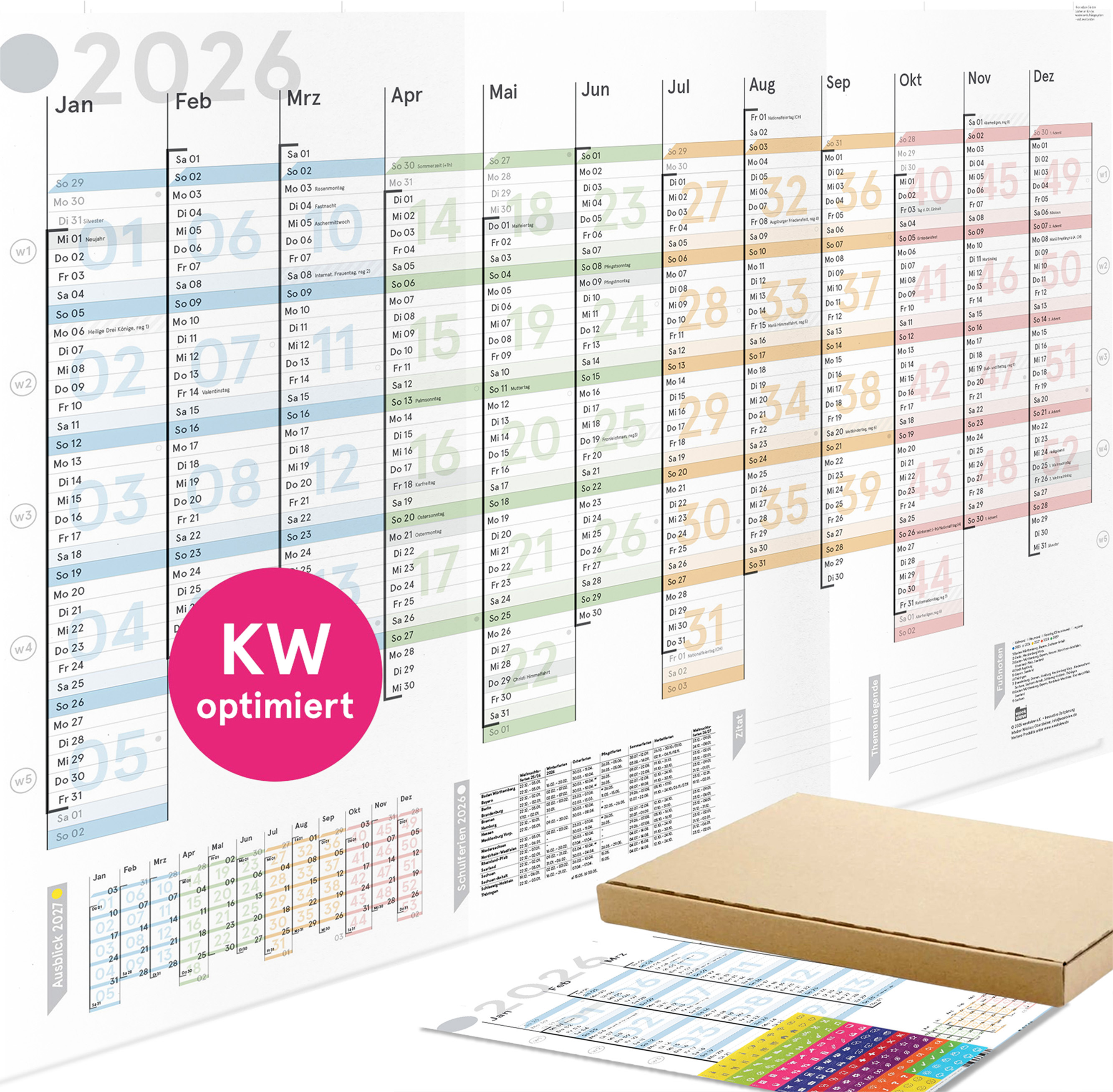 Wandplaner Colour 2026 - Wandkalender KW-optimiert, DIN A1, gefaltet