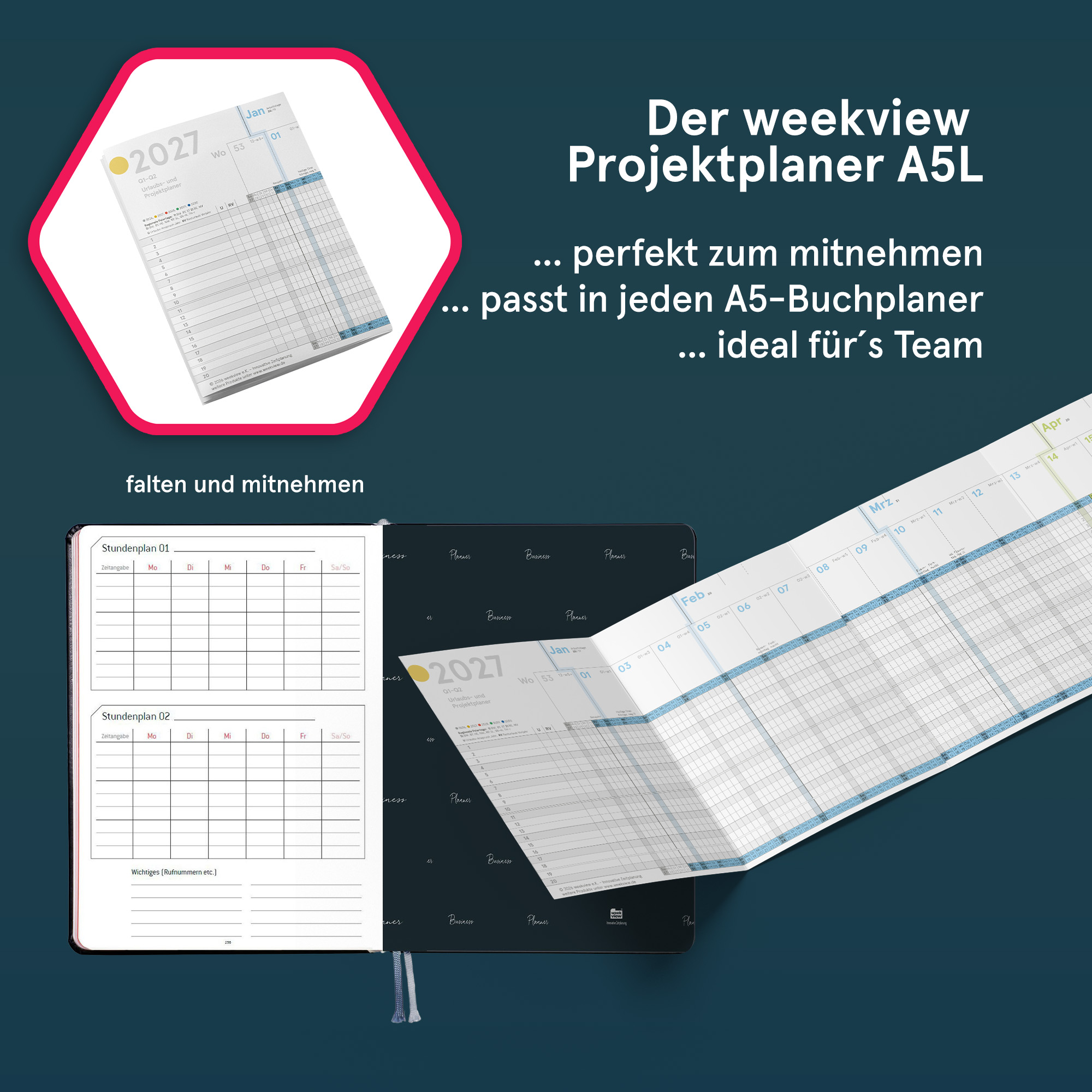 Urlaubs- und Projektplaner A5-Leporello farbig 2027 gefaltet, 84x20 cm, Personal- und Dienstplaner