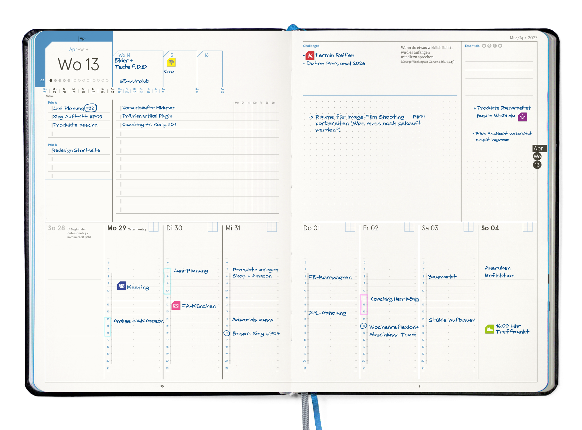weekview Business Planner Pro A4 aufgeschlagen — Wochen-Doppelseite mit Prioritäten, Challenges und Tagesspalten