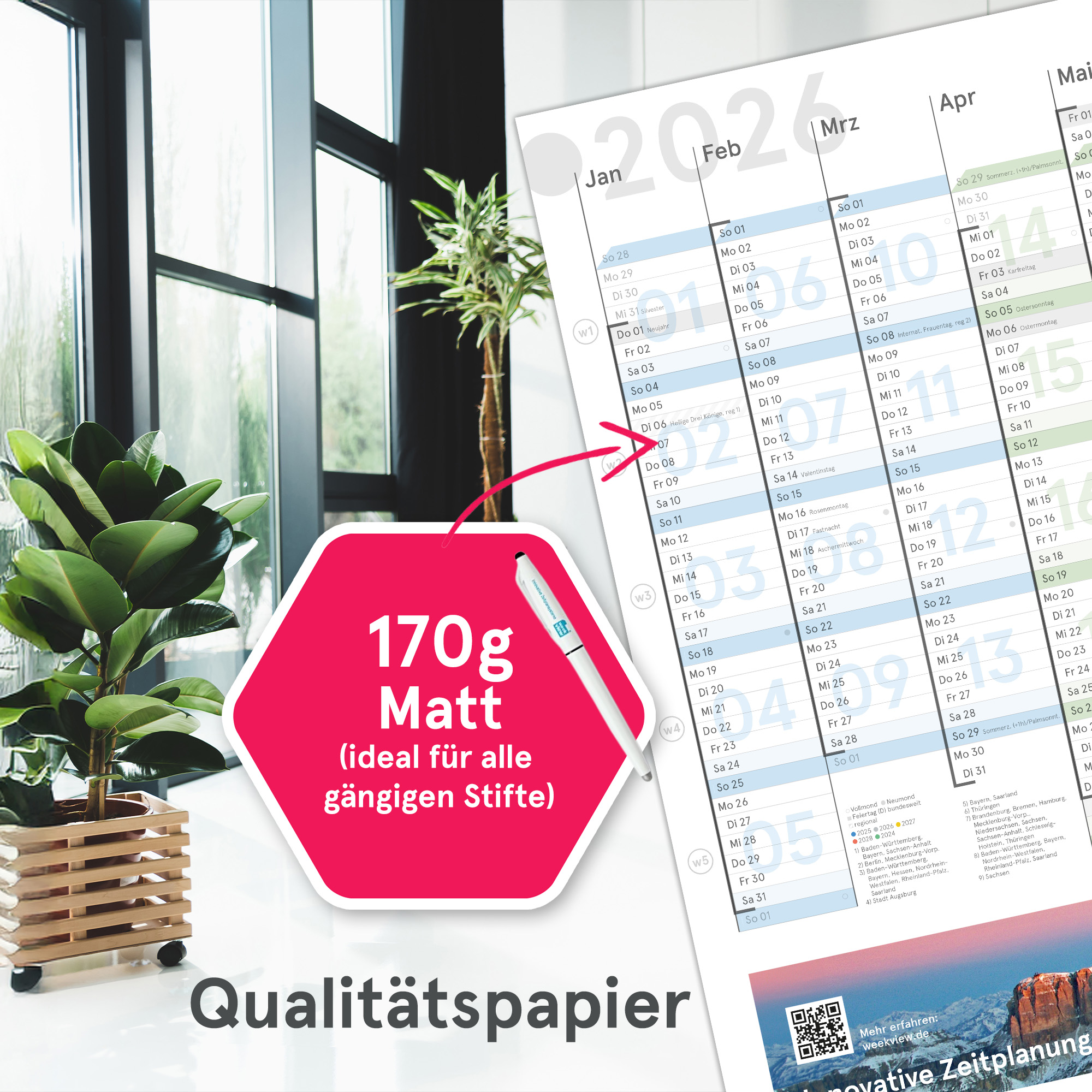 Wandplaner Colour A2 2026 - Bergmotiv - Wandkalender KW-optimiert, DIN A2, gefaltet