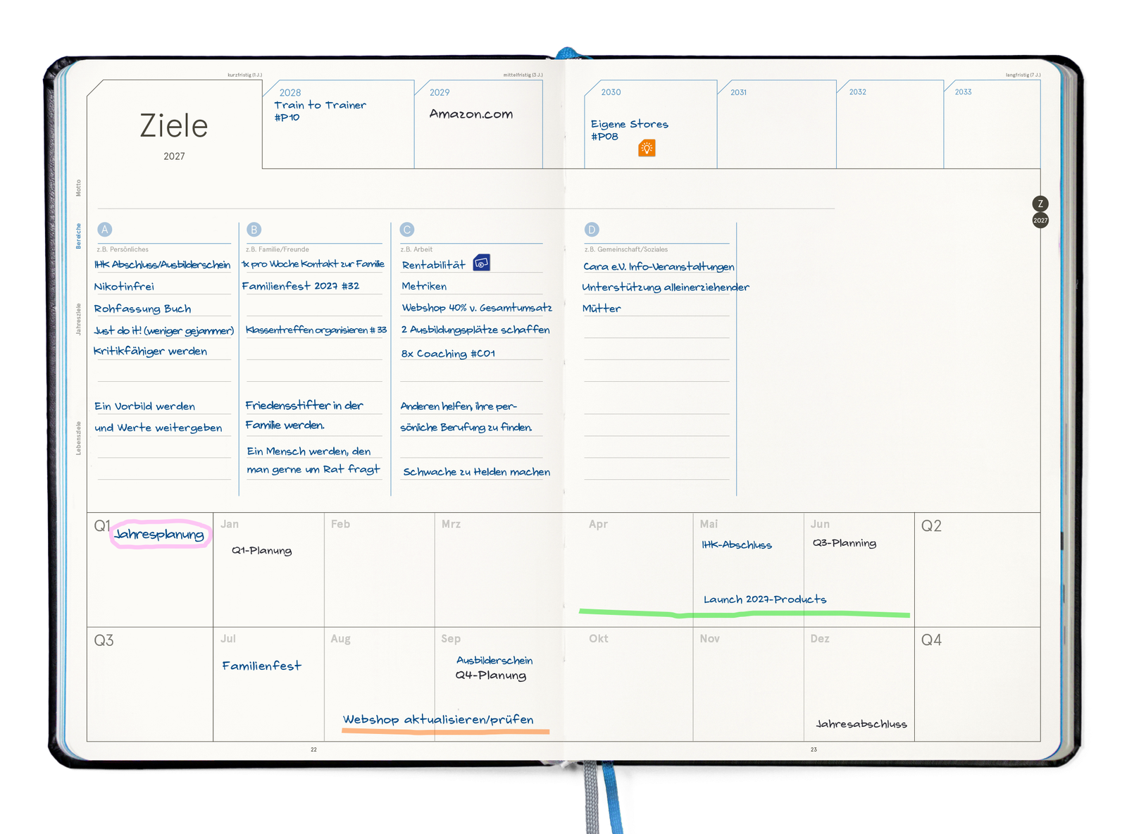 weekview Business Planner Pro A4 — Zieleblatt mit Jahres- und Lebenszielen bis 2032