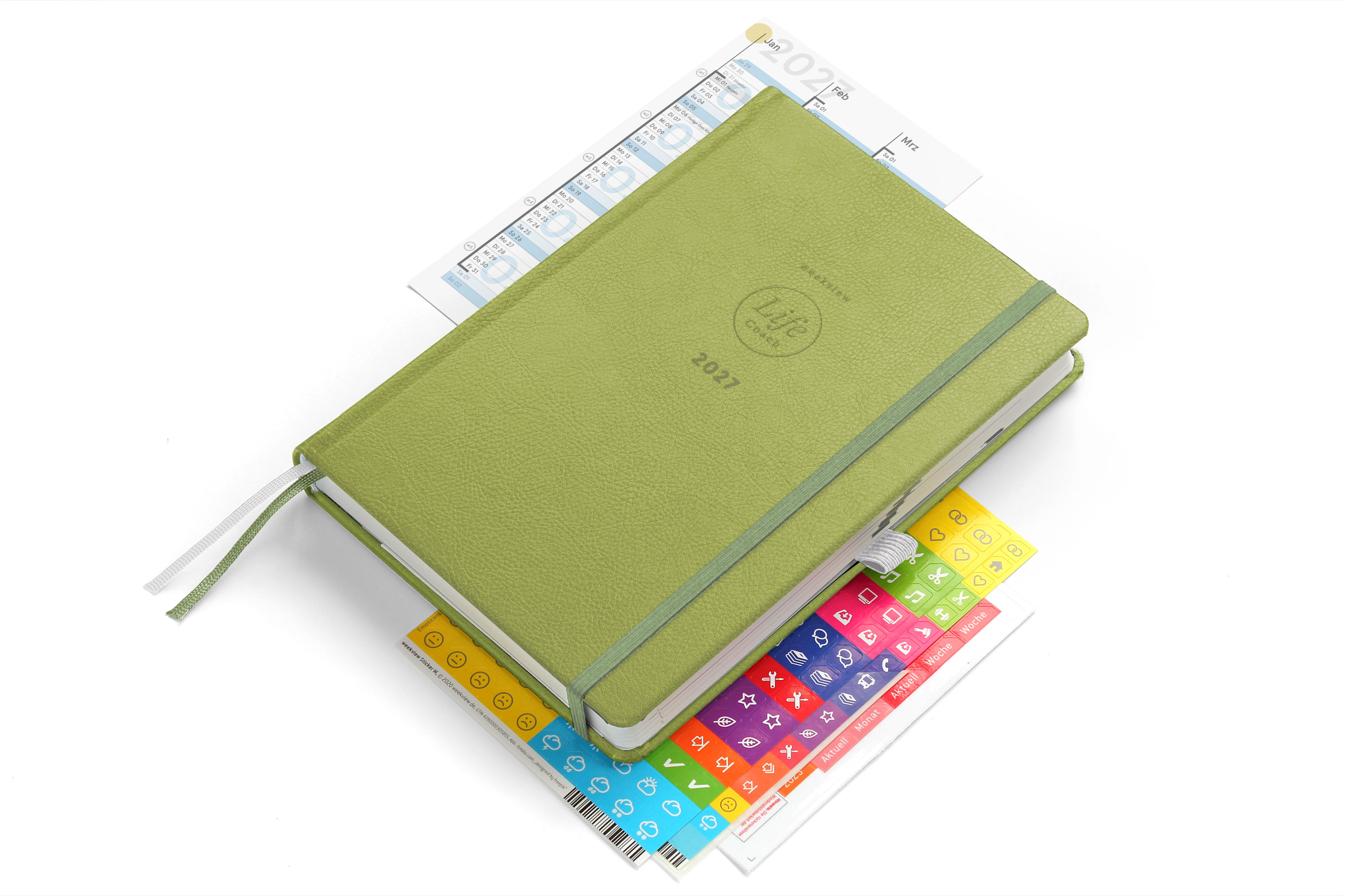 weekview LifeCoach 2027 A5 Moss Green Plus – Cover mit Lieferumfang (perspektivisch)