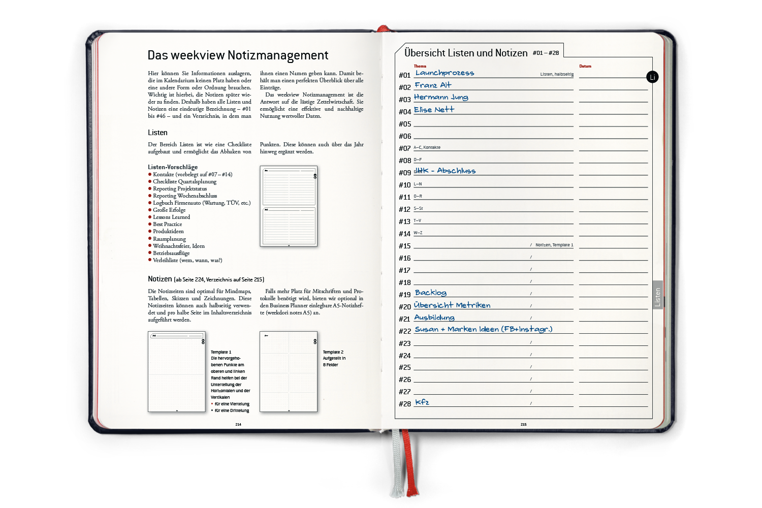 weekview Business Planner aufgeschlagen: Notizseiten mit Punktraster und Register