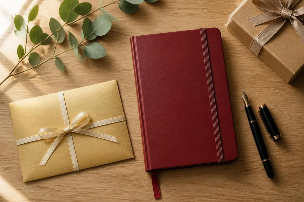 Geschenk mit goldenem Umschlag, rotem Planer und Füller