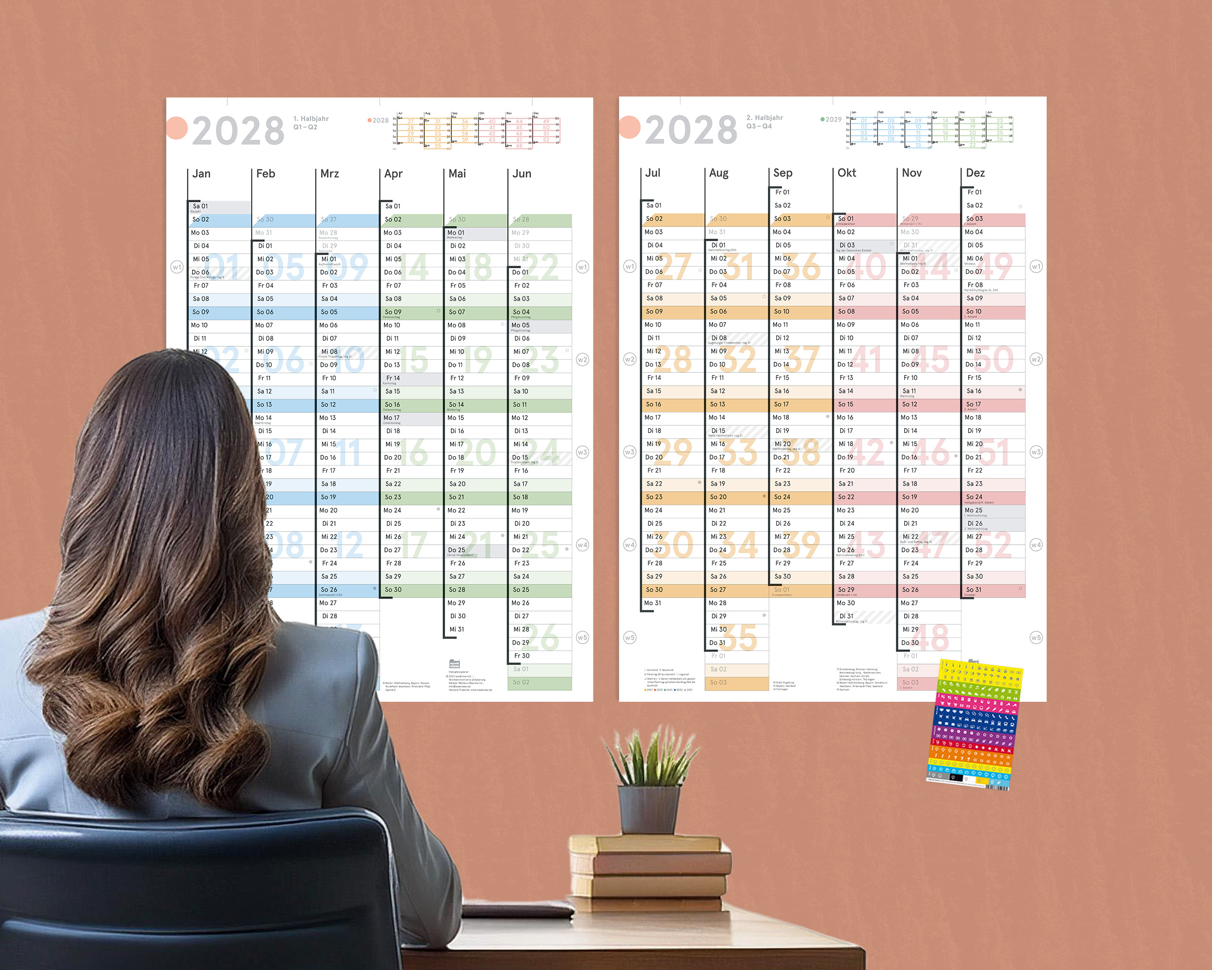 Wandkalender 2028, DIN A1 (2x A2h Halbjahresplaner)