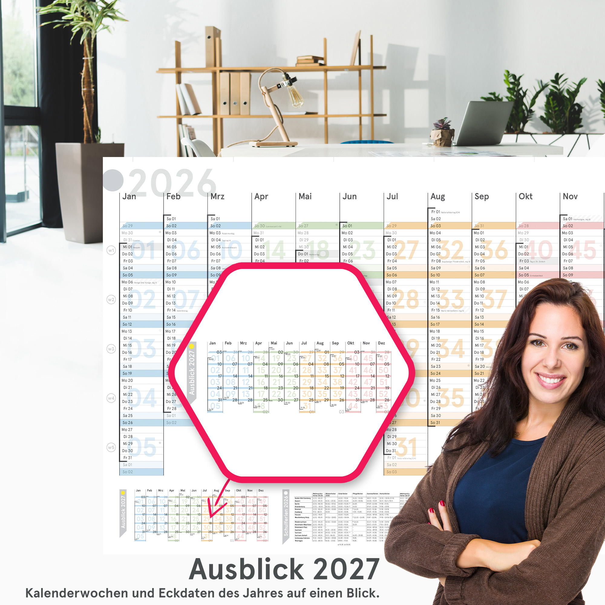 Wandplaner Colour 2026 - Wandkalender KW-optimiert, DIN A1, Papier, gerollt