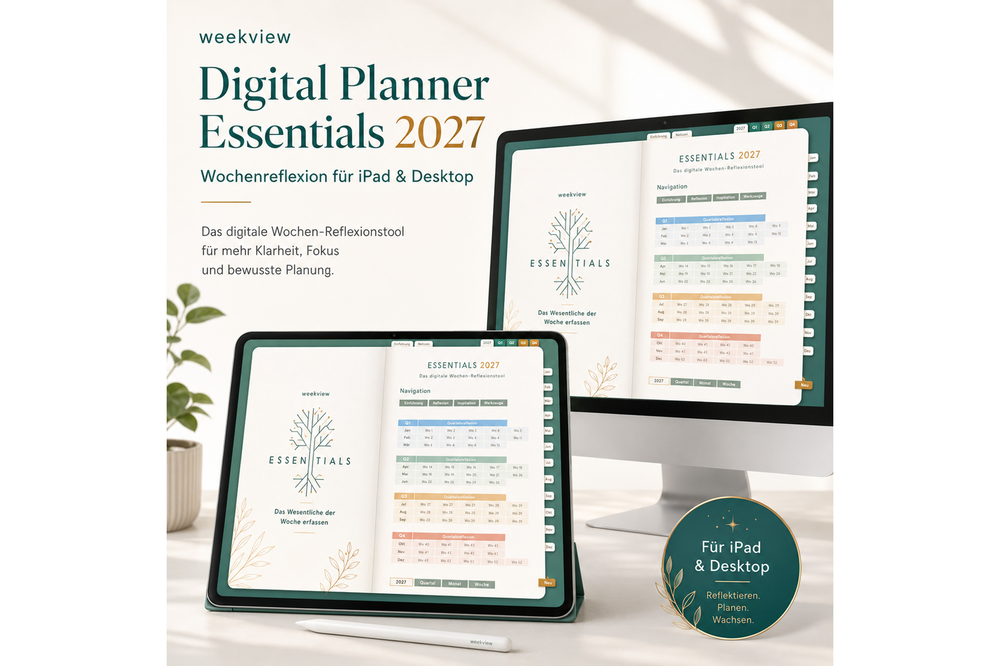 weekview Digital Planner Essentials 2027 auf Tablet und Bildschirm