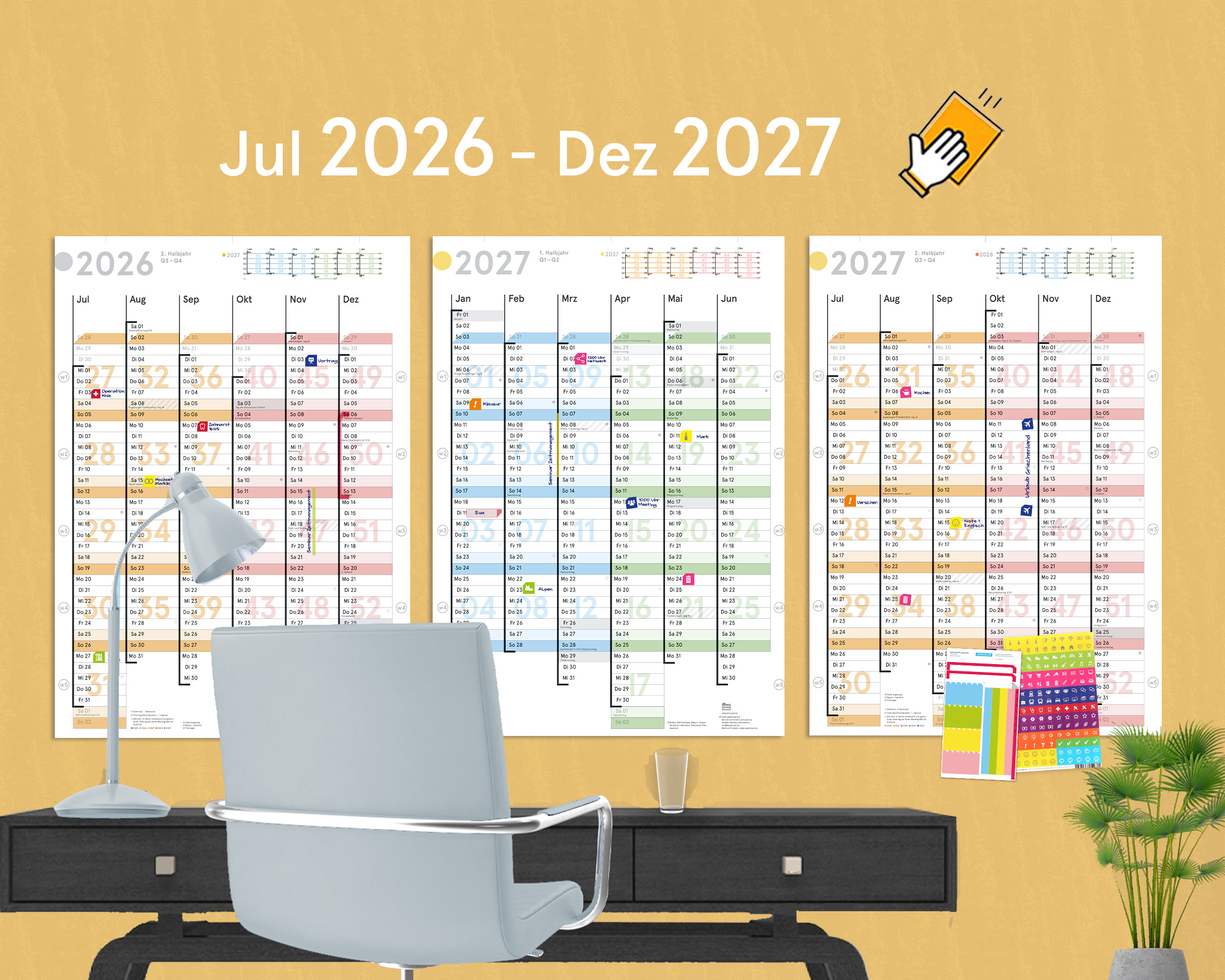 18-month wall planner Jul 2026 – Dec 2027 (3xA2h)