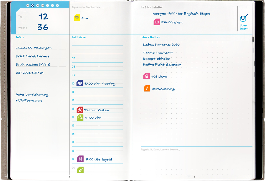weekview X17 DayBook A5 &ndash; beschriebene Tagesdoppelseite mit Timeblocking