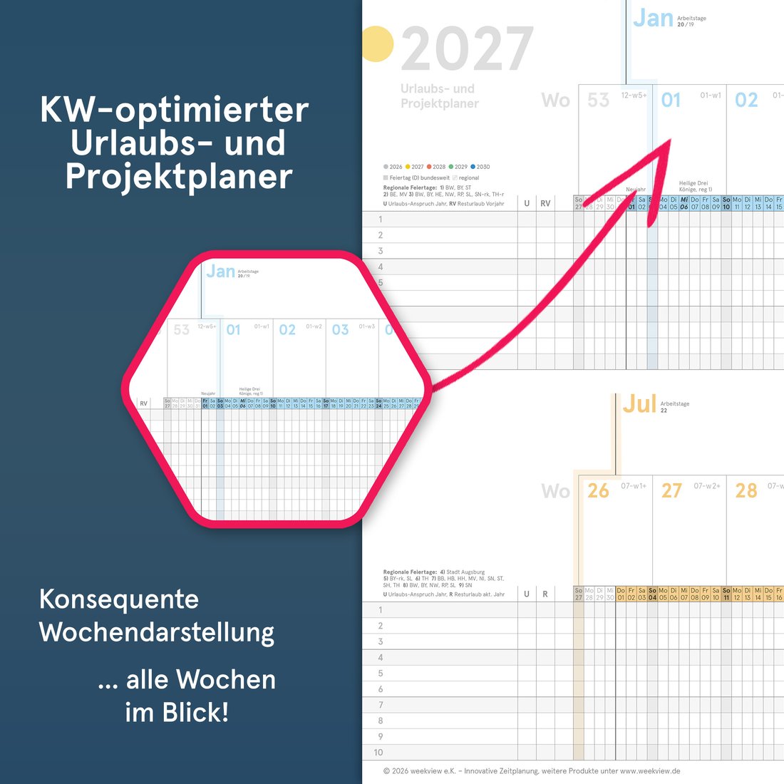 Kalenderwochen 01-53 im Urlaubs- und Projektplaner 2027